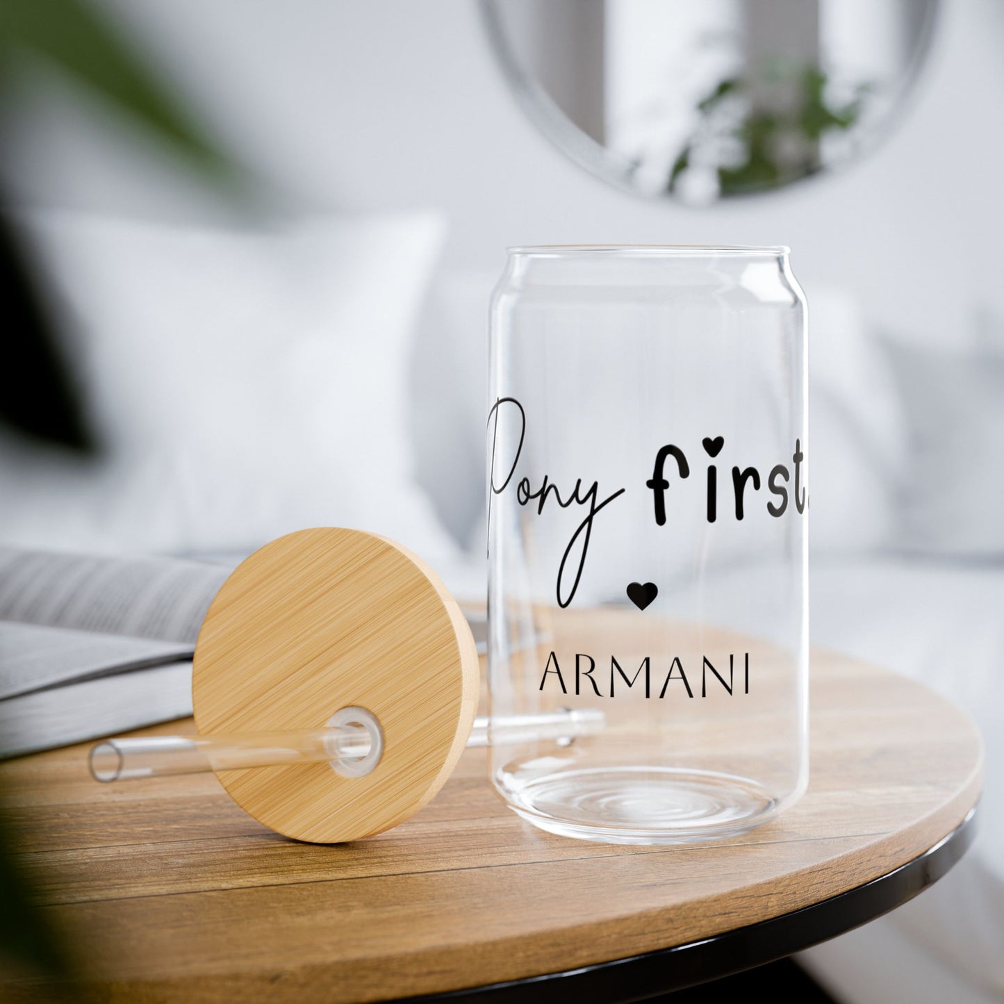 Personalisiertes Pony First Trinkglas mit Pferdenamen - Glas mit Bambusdeckel & Strohhalm für Pferdemädchen