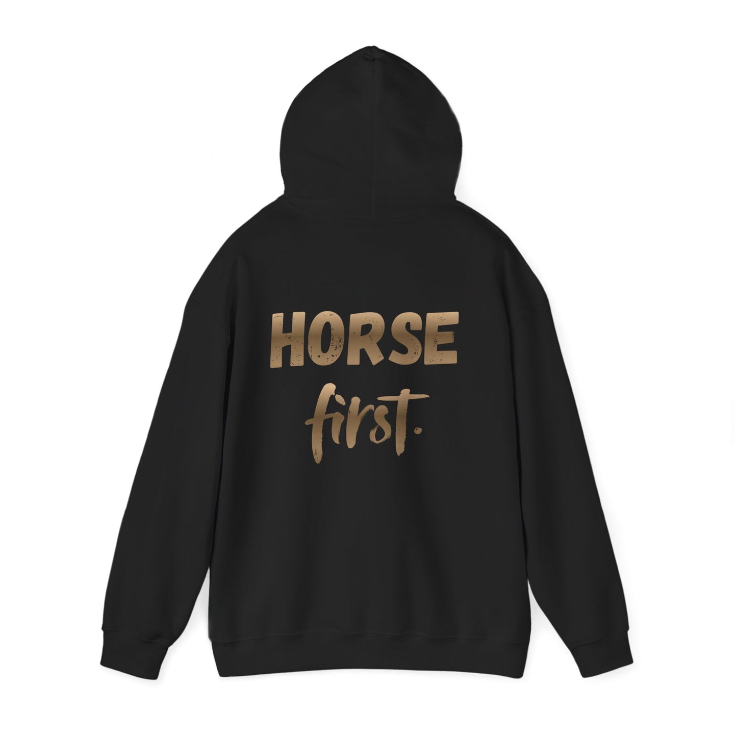 Horse First Hoodie — Equestrian White Pullover with 'Horse First.' Gold Script