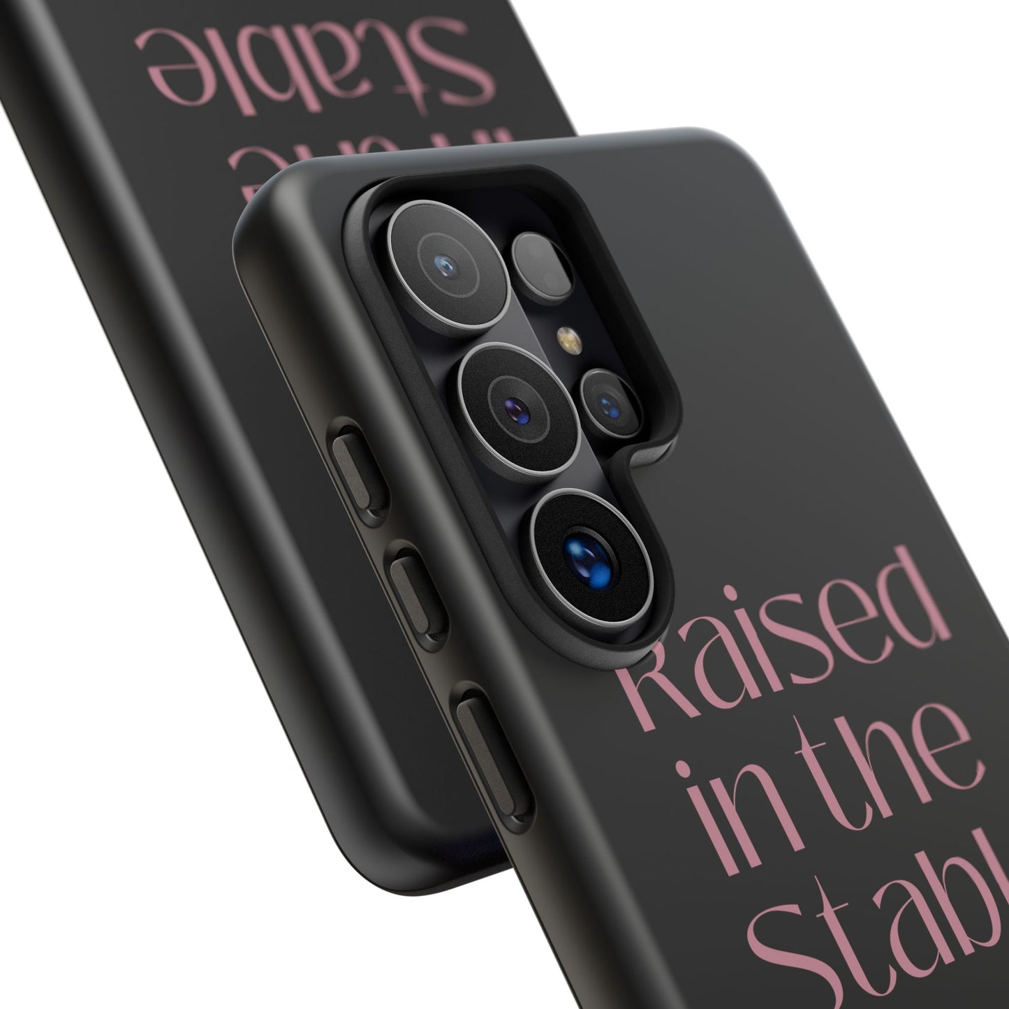Raised in the Stable Phone Case — Black Protective Tough Case with Pink Script