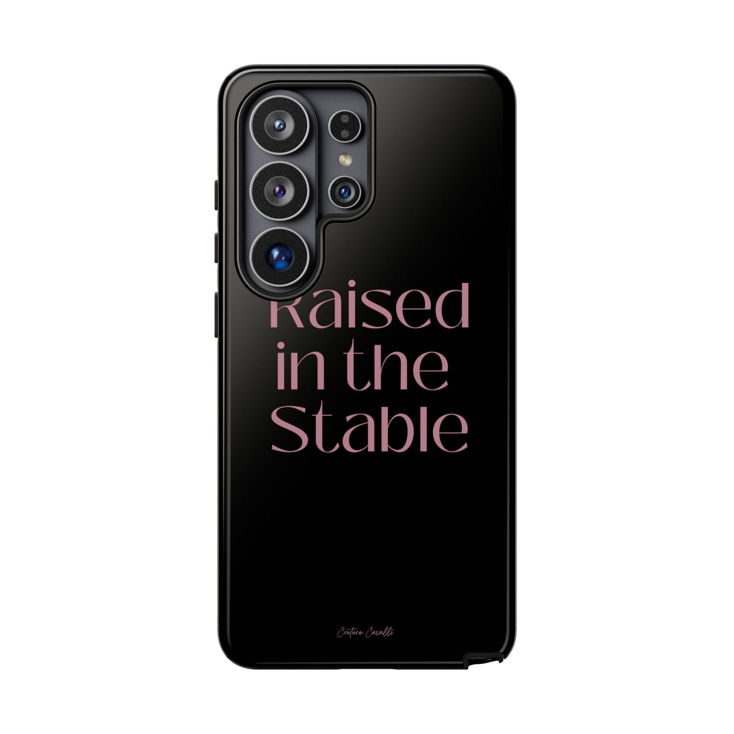 Raised in the Stable Phone Case — Black Protective Tough Case with Pink Script