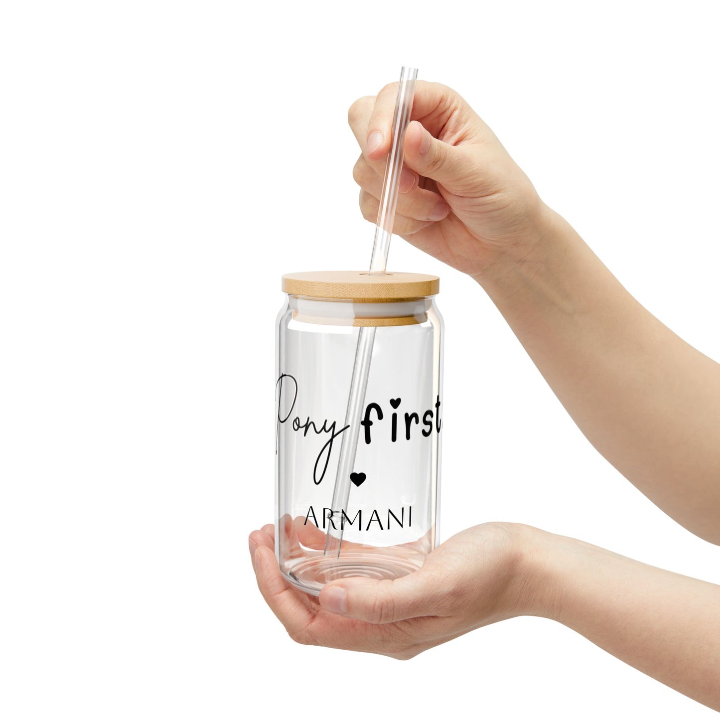 Personalisiertes Pony First Trinkglas mit Pferdenamen - Glas mit Bambusdeckel & Strohhalm für Pferdemädchen