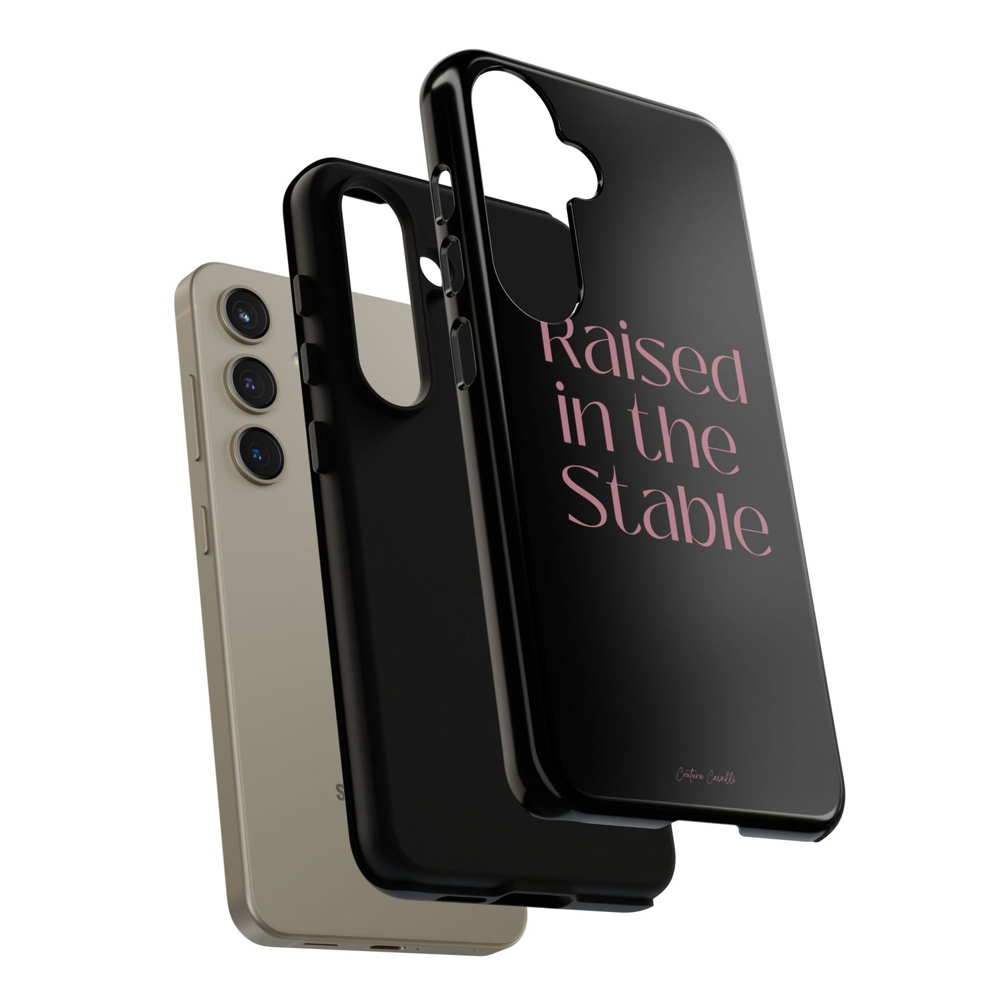 Raised in the Stable Phone Case — Black Protective Tough Case with Pink Script