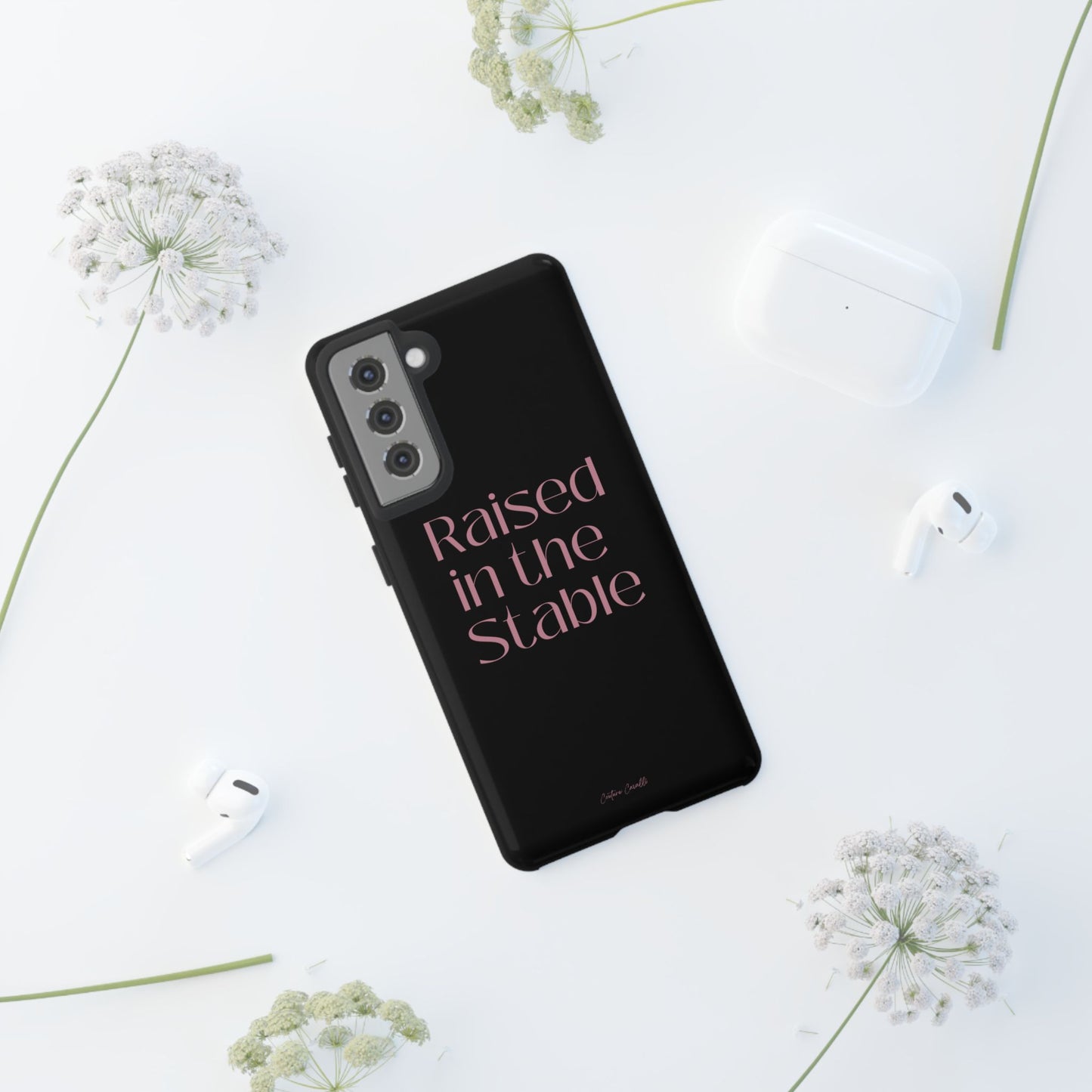 Raised in the Stable Phone Case — Black Protective Tough Case with Pink Script