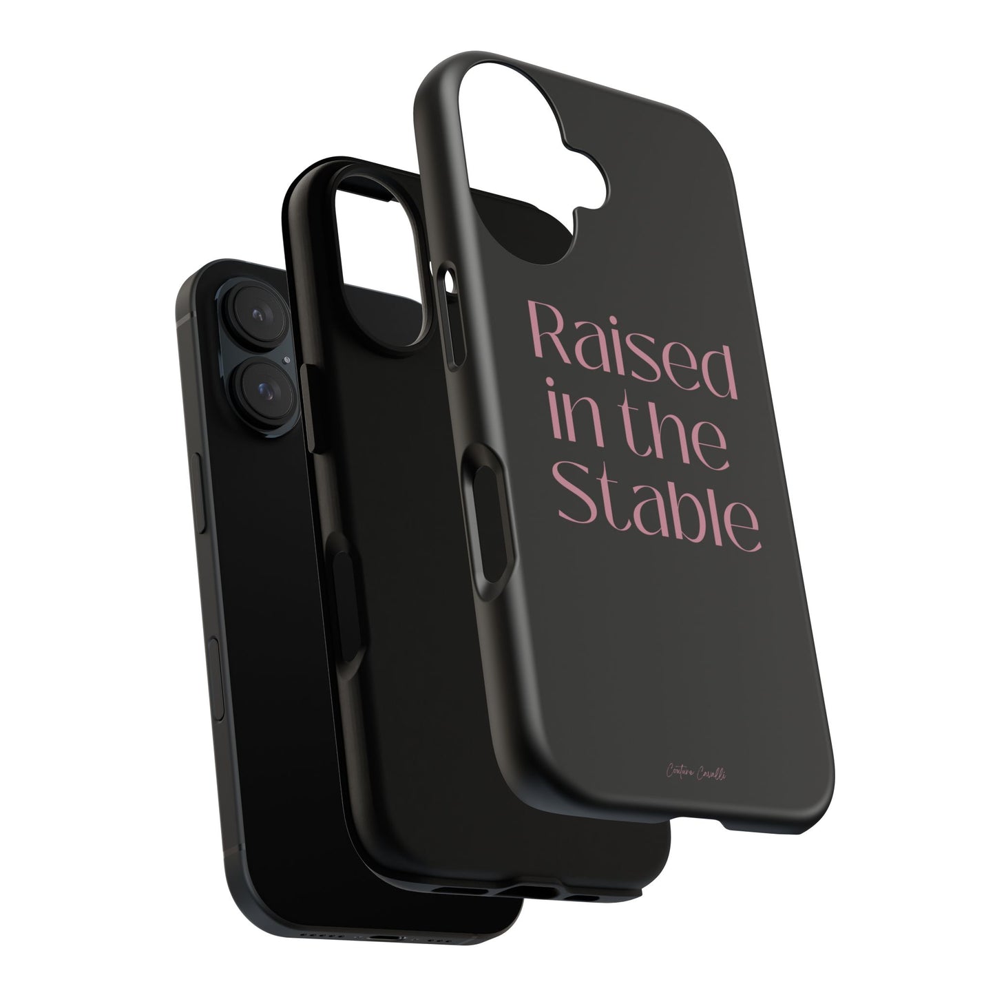 Raised in the Stable Phone Case — Black Protective Tough Case with Pink Script