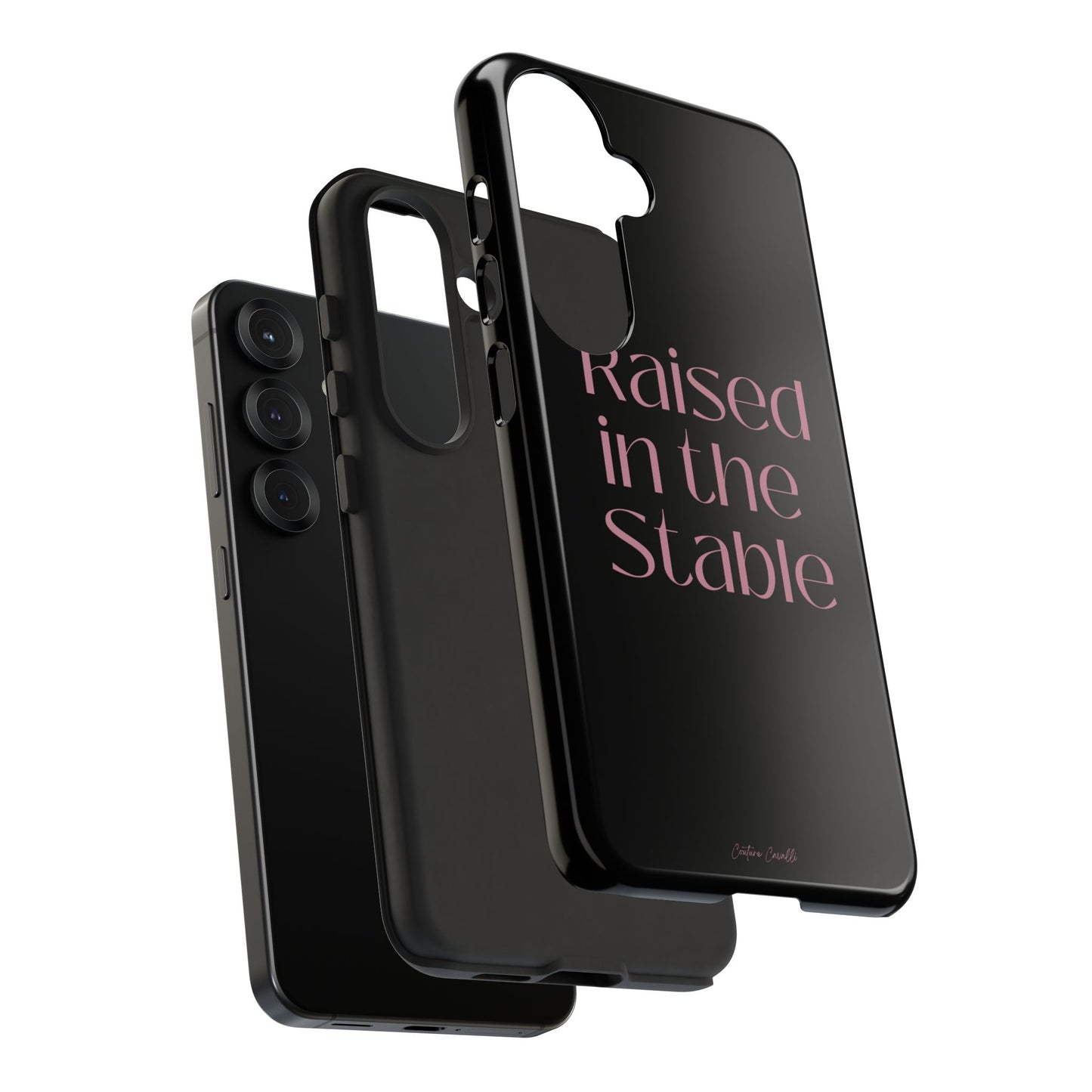 Raised in the Stable Phone Case — Black Protective Tough Case with Pink Script