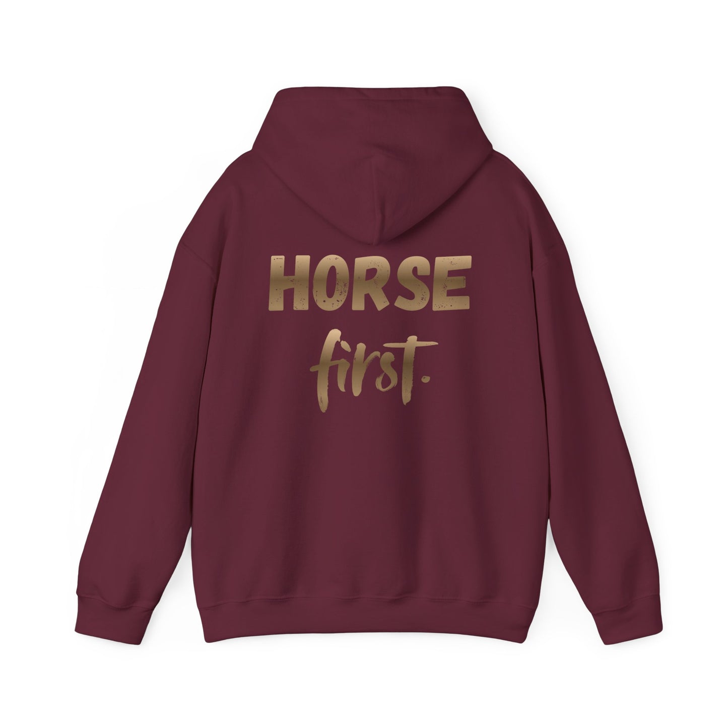 Horse First Hoodie — Equestrian White Pullover with 'Horse First.' Gold Script