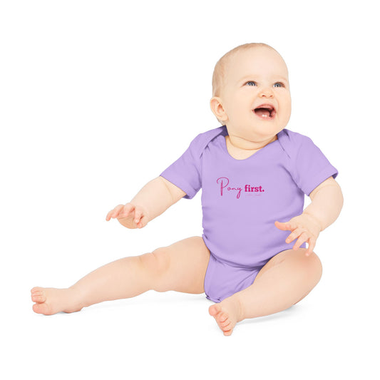 "Party First." Baby Organic Bodysuit — Cute Pink Script Infant Onesie