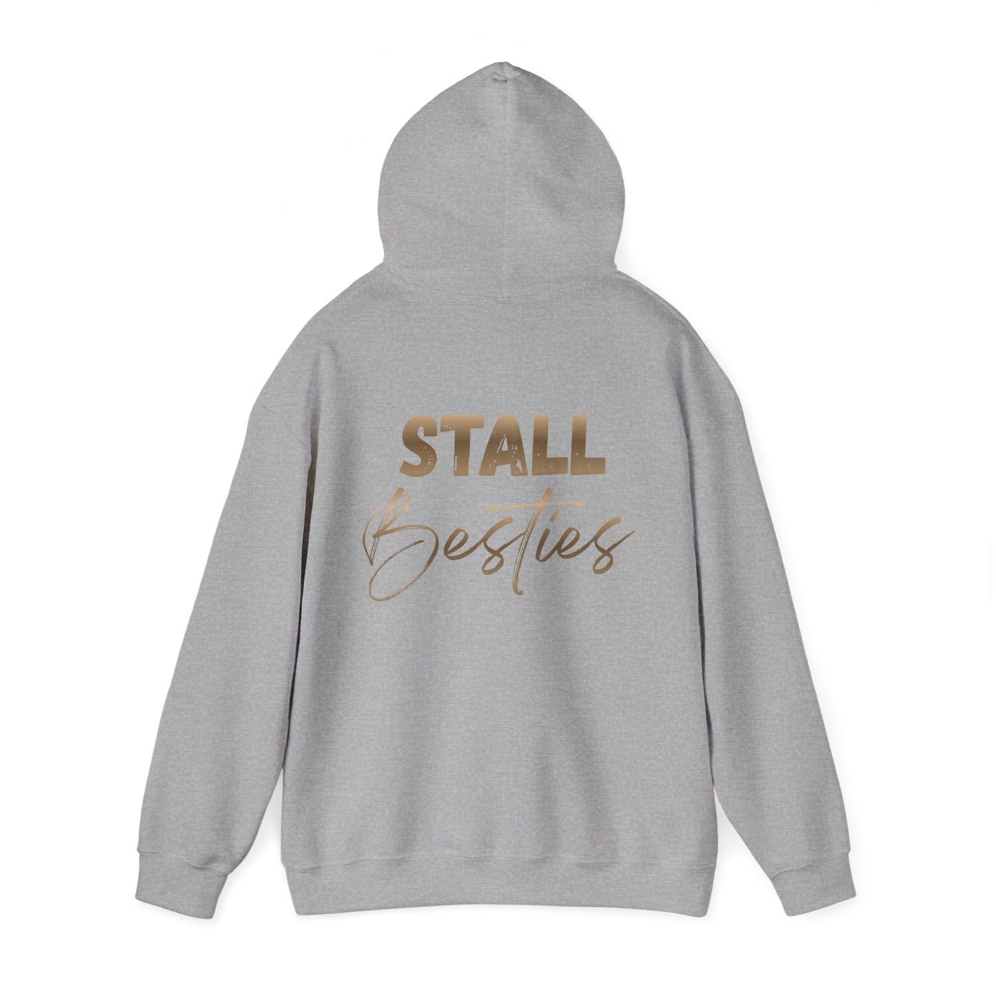 Stall Besties Hoodie — Cozy Friendship Pullover with Gold Script Back Design