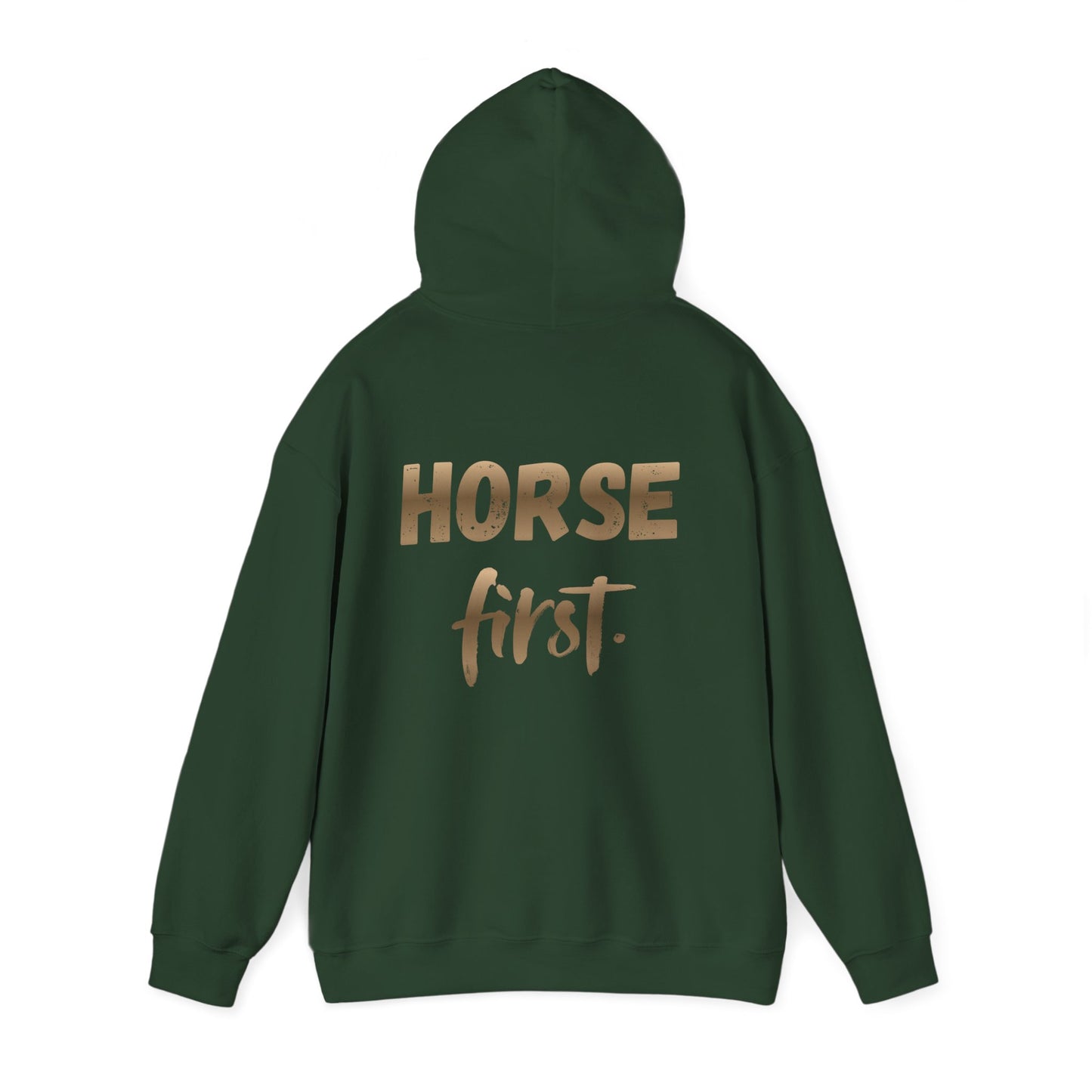 Horse First Hoodie — Equestrian White Pullover with 'Horse First.' Gold Script