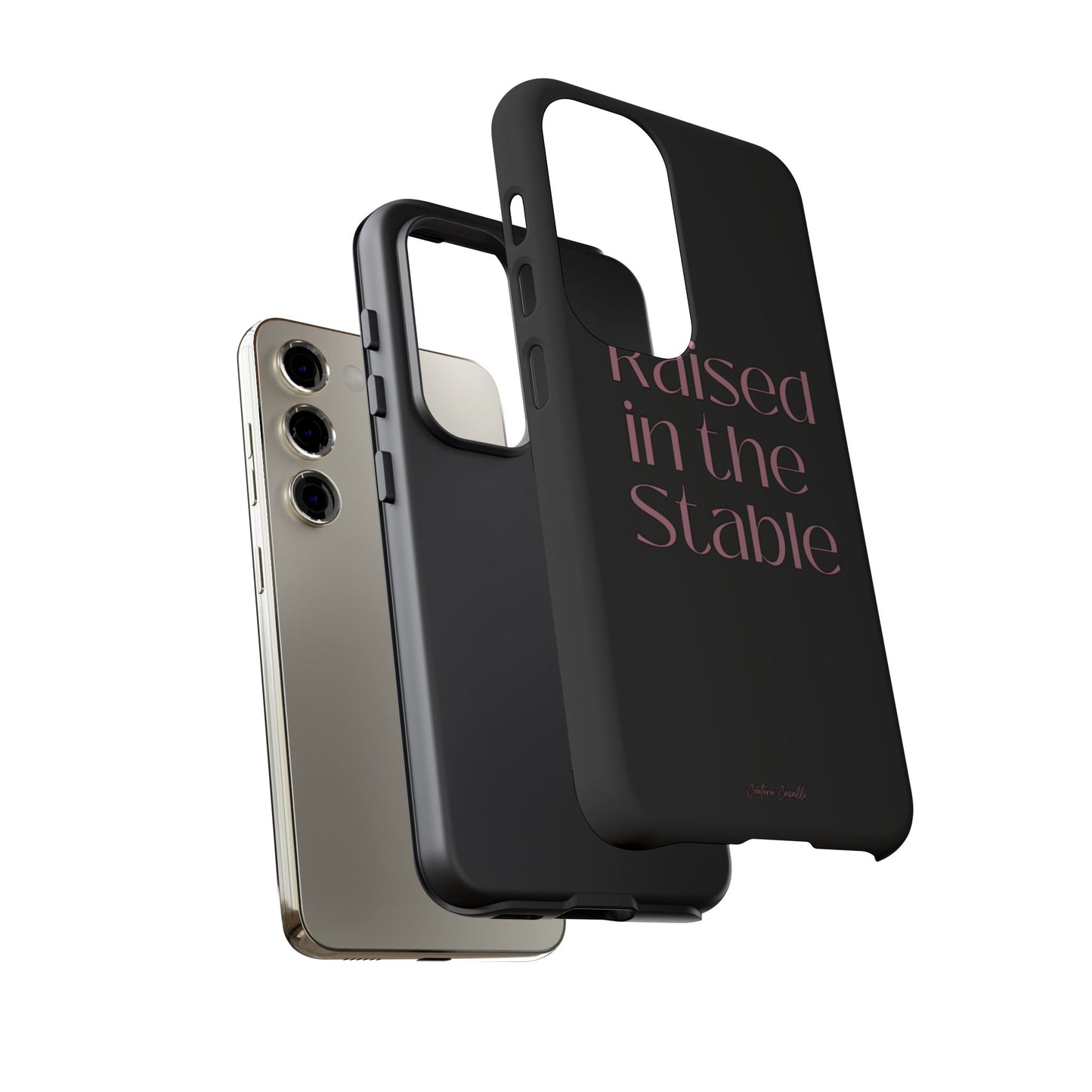 Raised in the Stable Phone Case — Black Protective Tough Case with Pink Script
