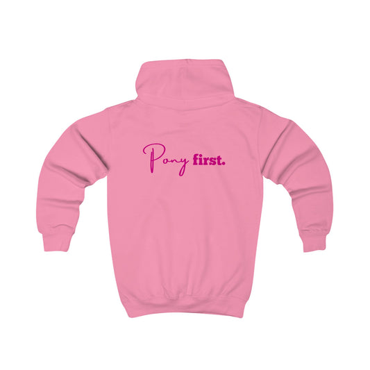 Kids Hoodie — "Pony First." Pink Script Kids Hoodie, Horse Lover Clothing
