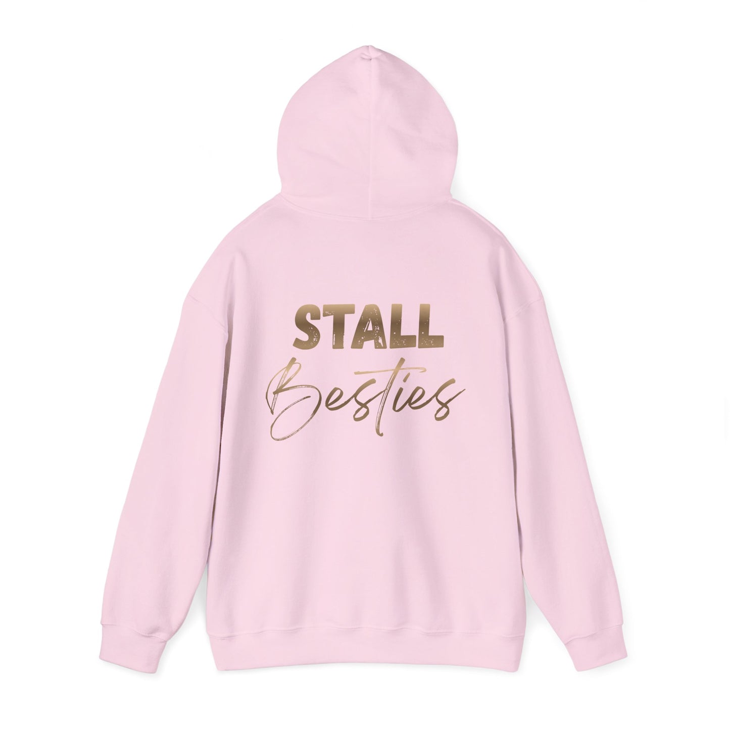 Stall Besties Hoodie — Cozy Friendship Pullover with Gold Script Back Design