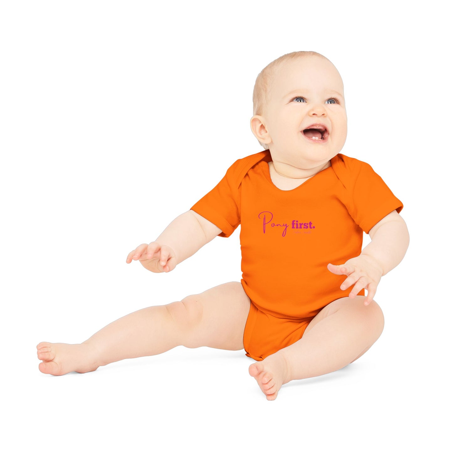 Pony First Baby Body – Pferdeliebe Body | Stall Baby Outfit | Reitsport Geschenkidee
