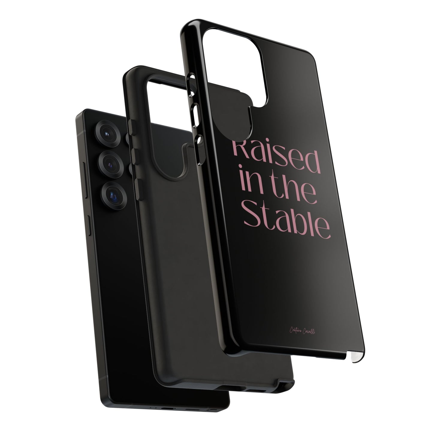 Raised in the Stable Phone Case — Black Protective Tough Case with Pink Script