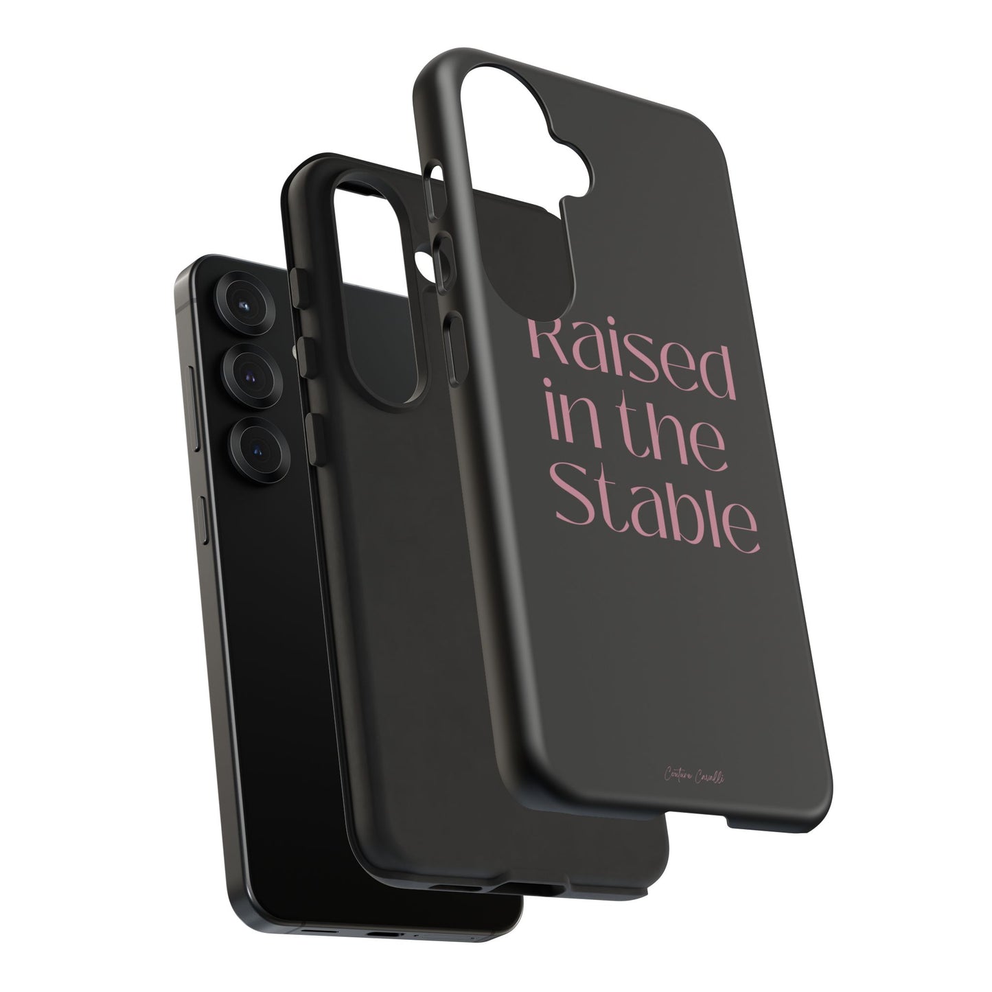 Raised in the Stable Phone Case — Black Protective Tough Case with Pink Script
