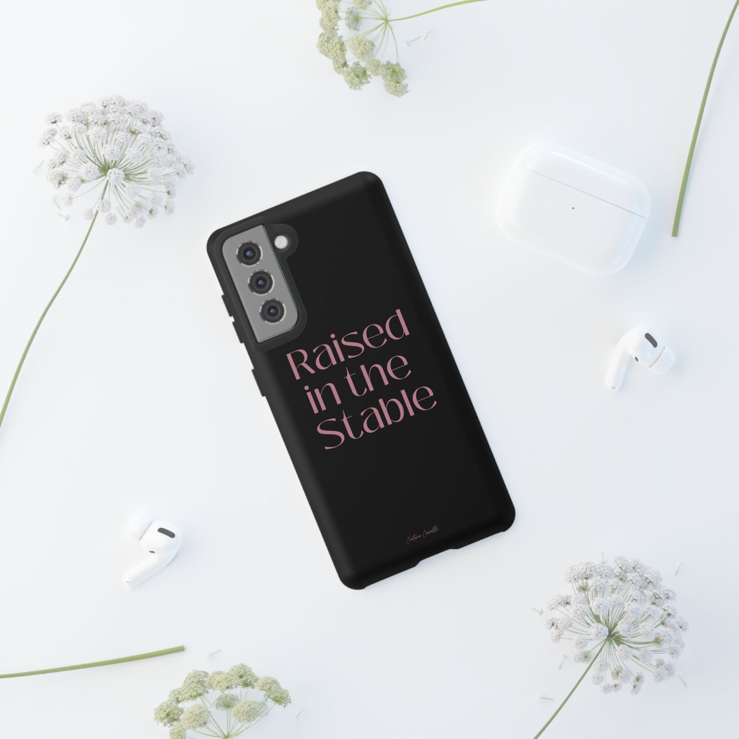Raised in the Stable Phone Case — Black Protective Tough Case with Pink Script