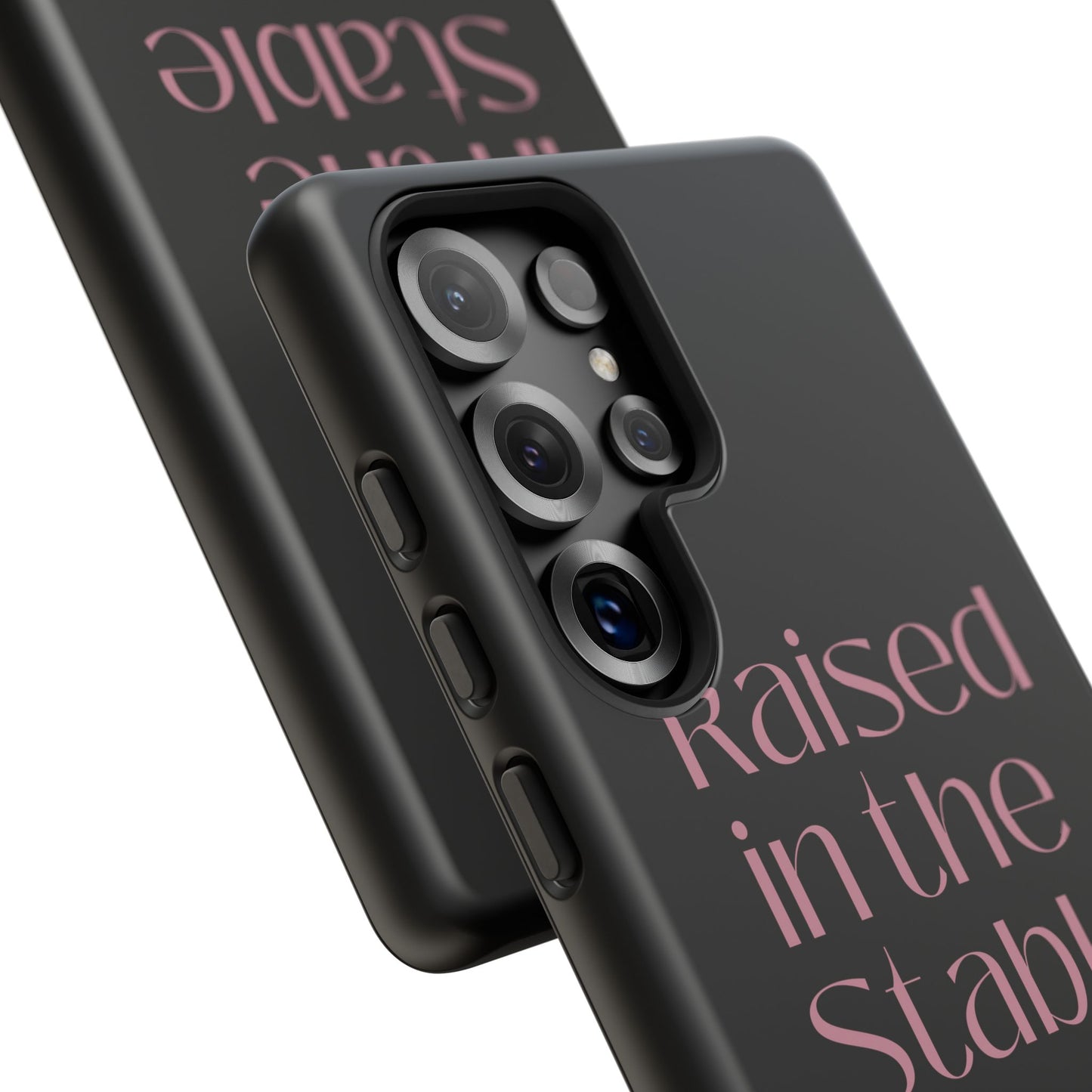 Raised in the Stable Phone Case — Black Protective Tough Case with Pink Script