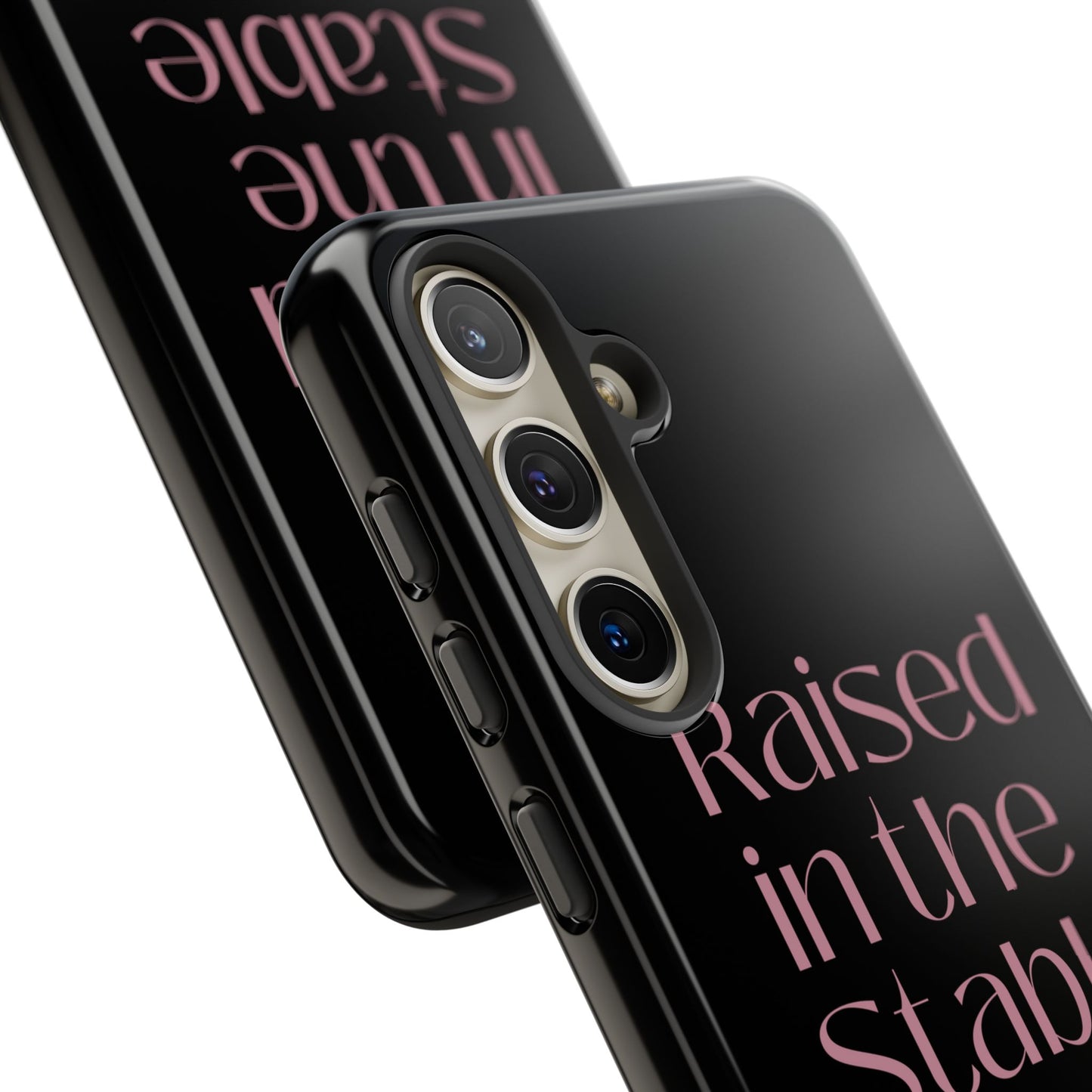 Raised in the Stable Phone Case — Black Protective Tough Case with Pink Script