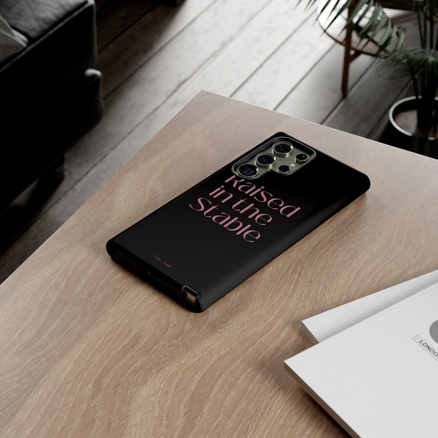 Raised in the Stable Phone Case — Black Protective Tough Case with Pink Script