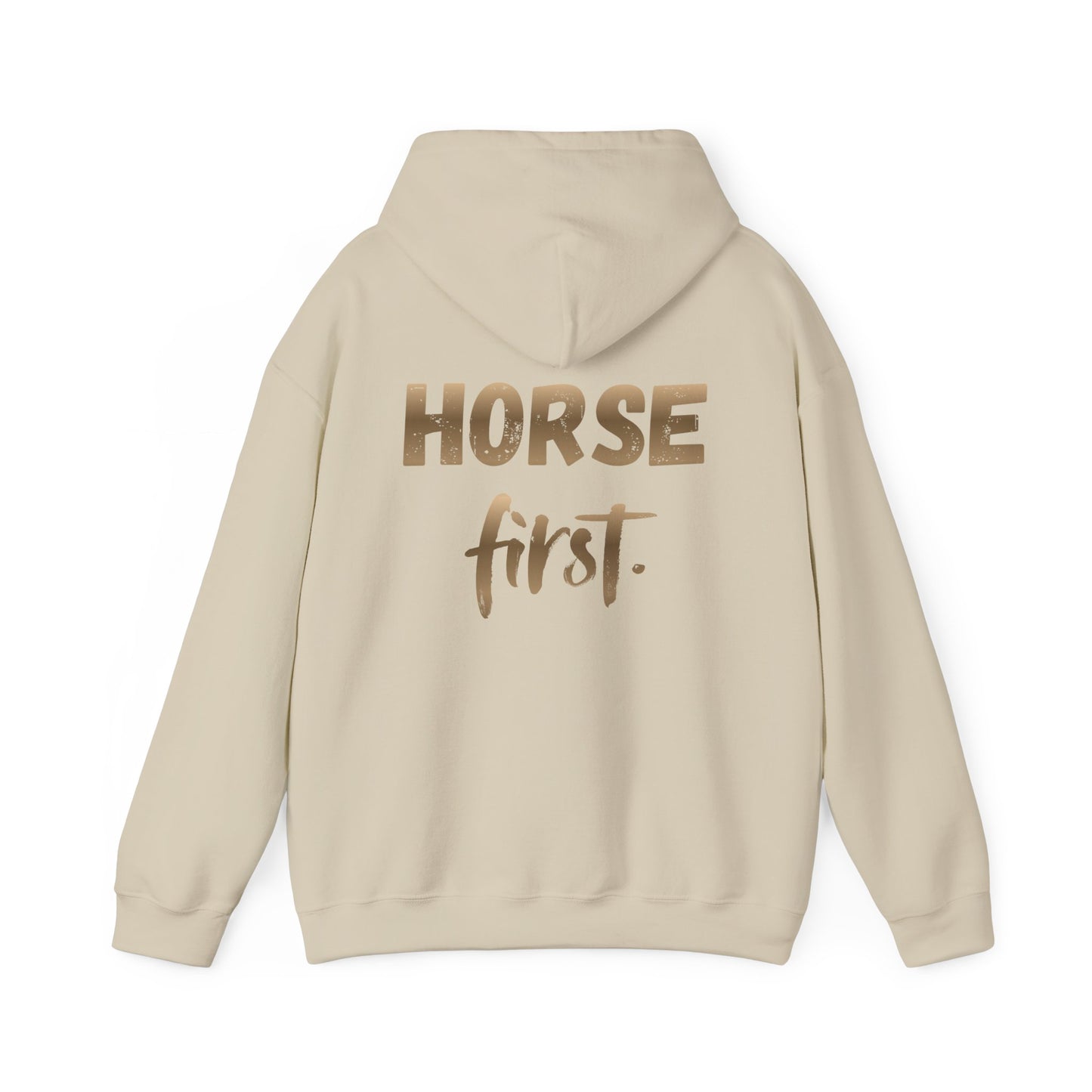 Horse First Hoodie — Equestrian White Pullover with 'Horse First.' Gold Script