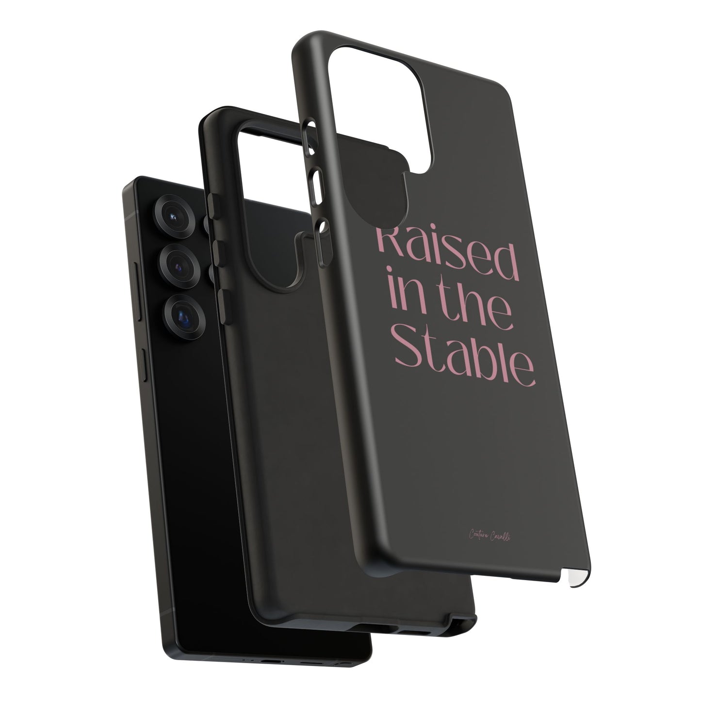 Raised in the Stable Phone Case — Black Protective Tough Case with Pink Script