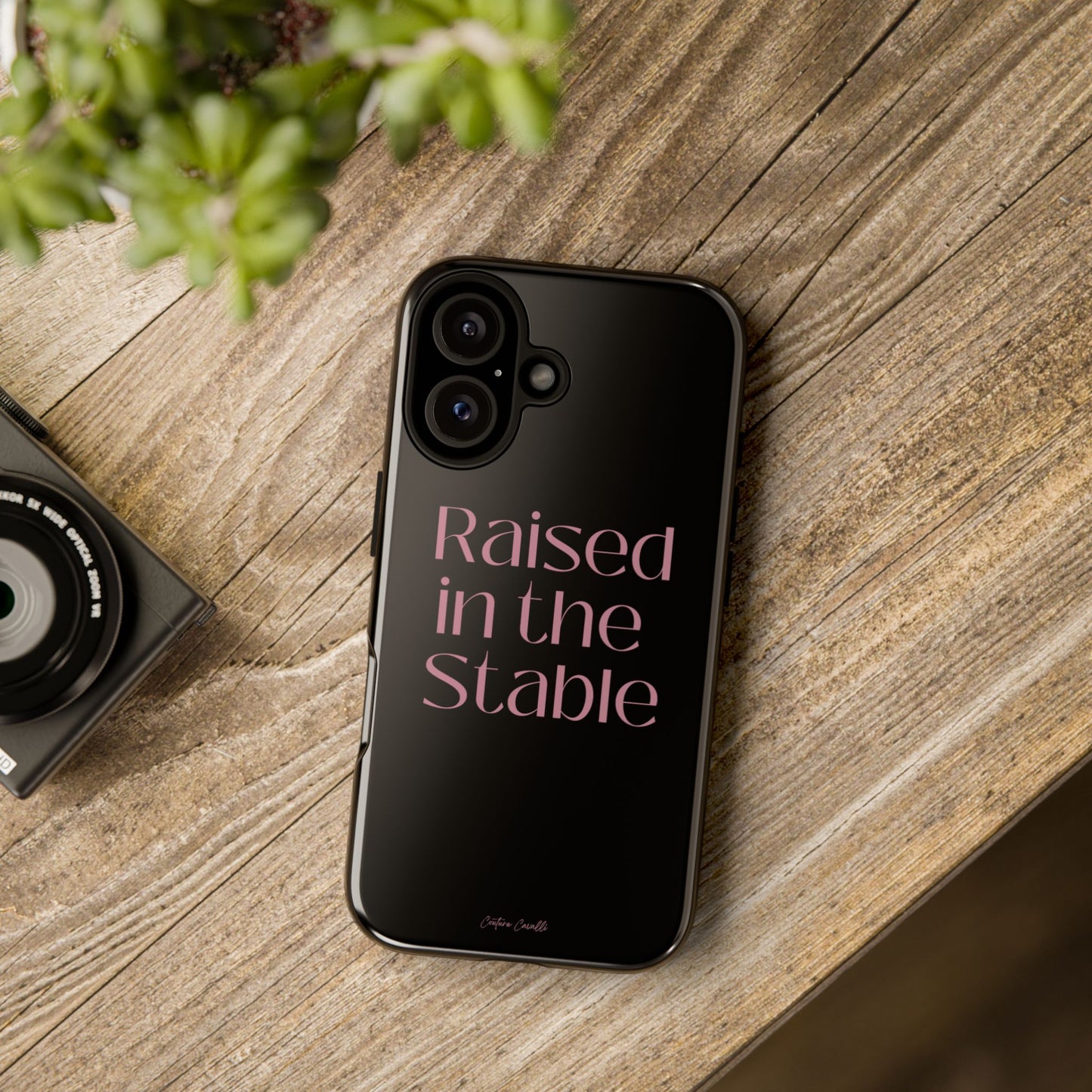 Raised in the Stable Phone Case — Black Protective Tough Case with Pink Script