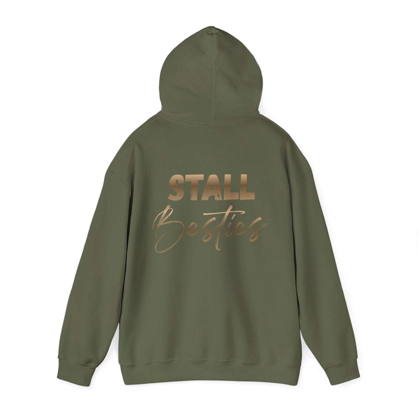 Stall Besties Hoodie — Cozy Friendship Pullover with Gold Script Back Design