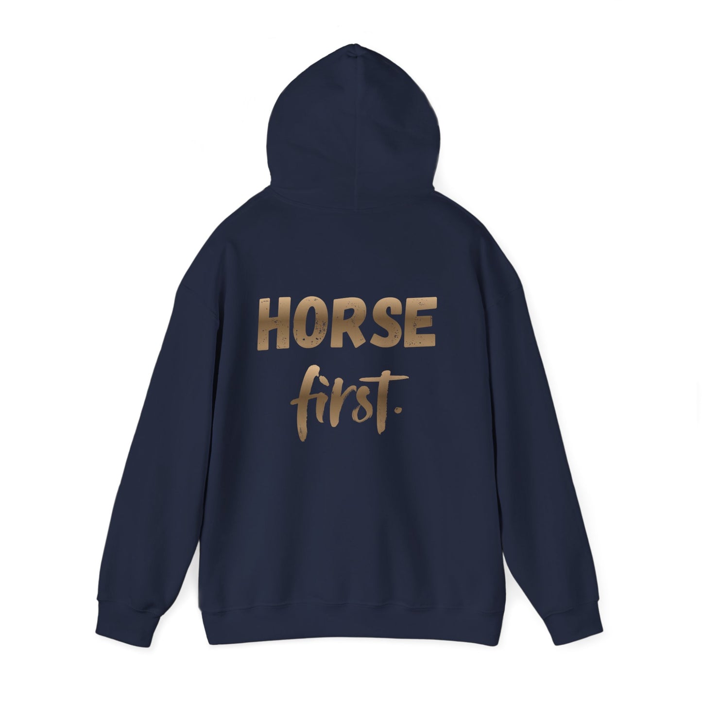 Horse First Hoodie — Equestrian White Pullover with 'Horse First.' Gold Script