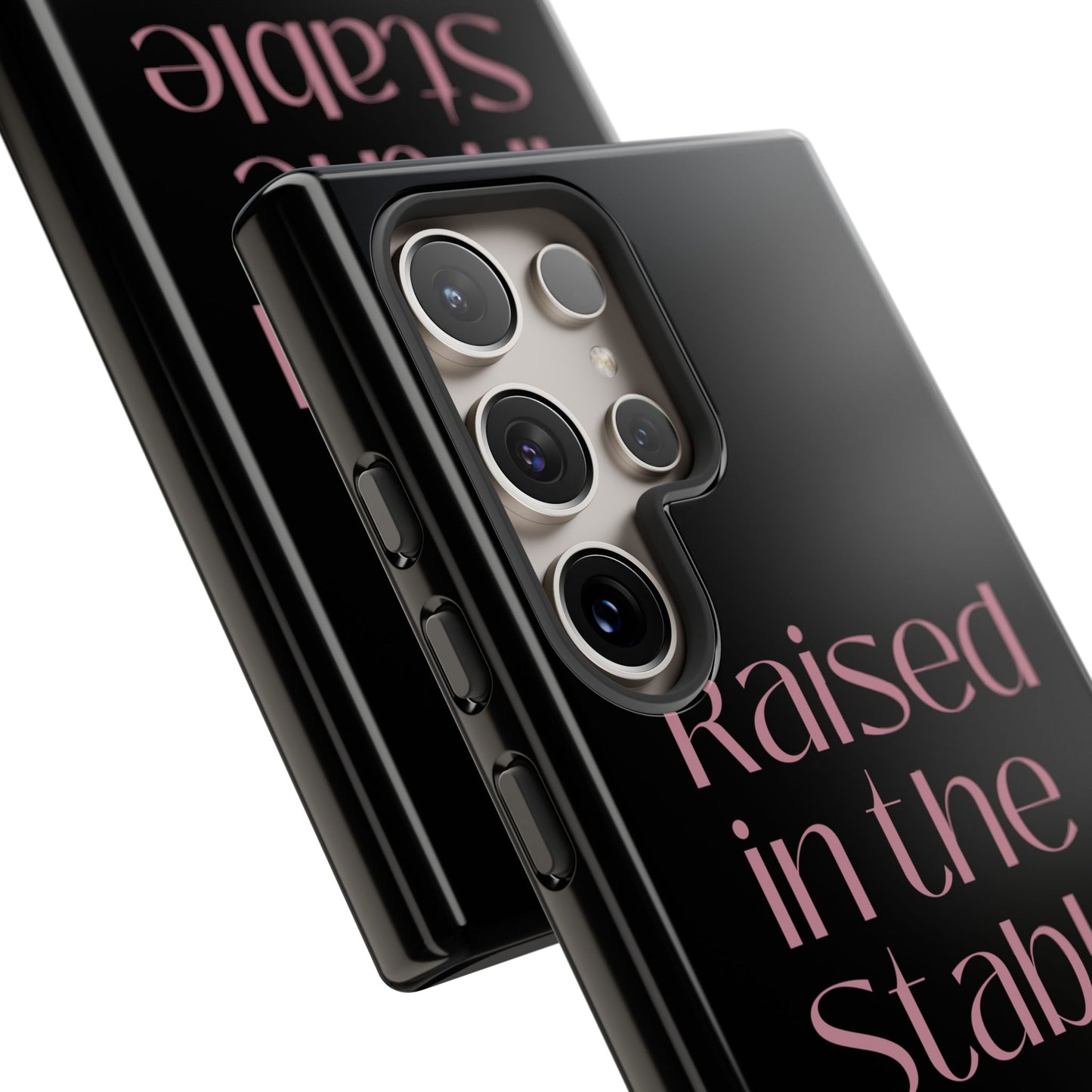 Raised in the Stable Phone Case — Black Protective Tough Case with Pink Script