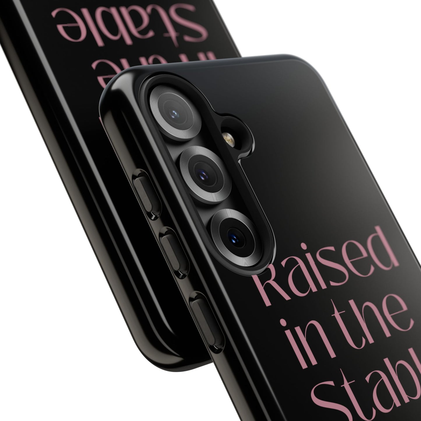 Raised in the Stable Phone Case — Black Protective Tough Case with Pink Script