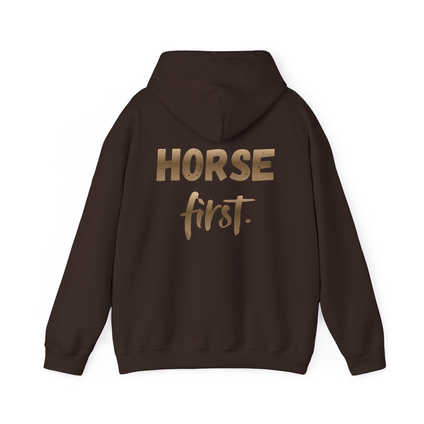Horse First Hoodie — Equestrian White Pullover with 'Horse First.' Gold Script
