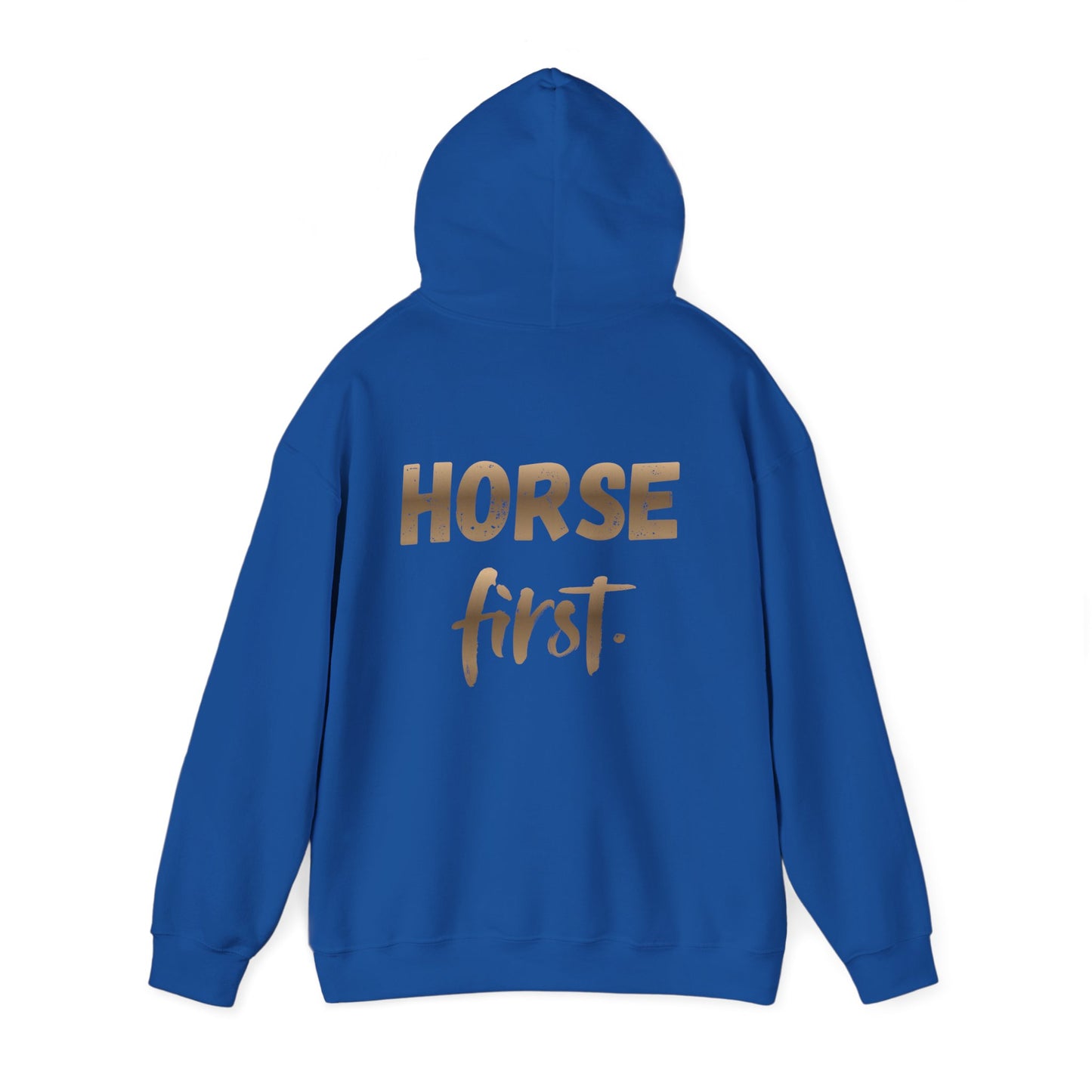 Horse First Hoodie — Equestrian White Pullover with 'Horse First.' Gold Script