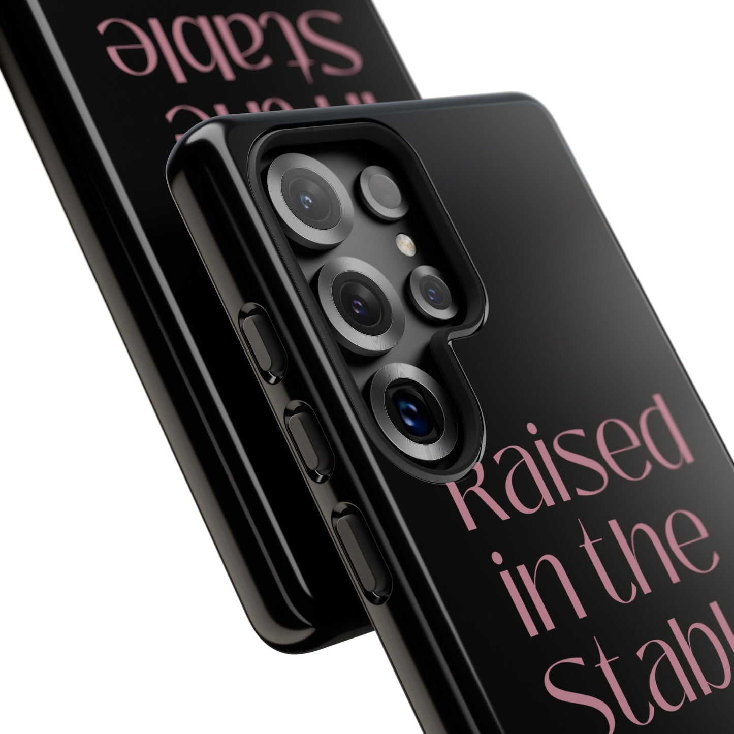 Raised in the Stable Phone Case — Black Protective Tough Case with Pink Script