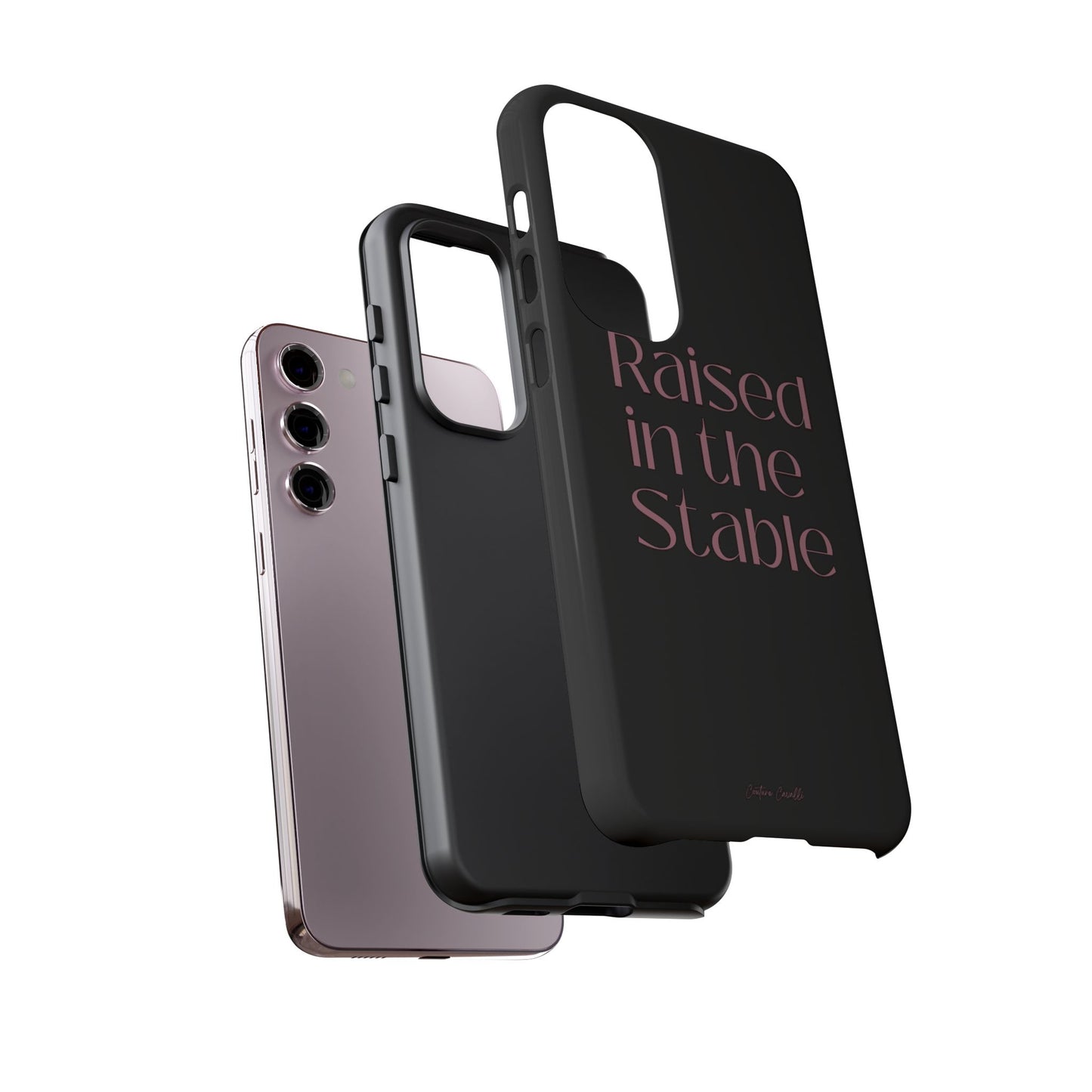 Raised in the Stable Phone Case — Black Protective Tough Case with Pink Script