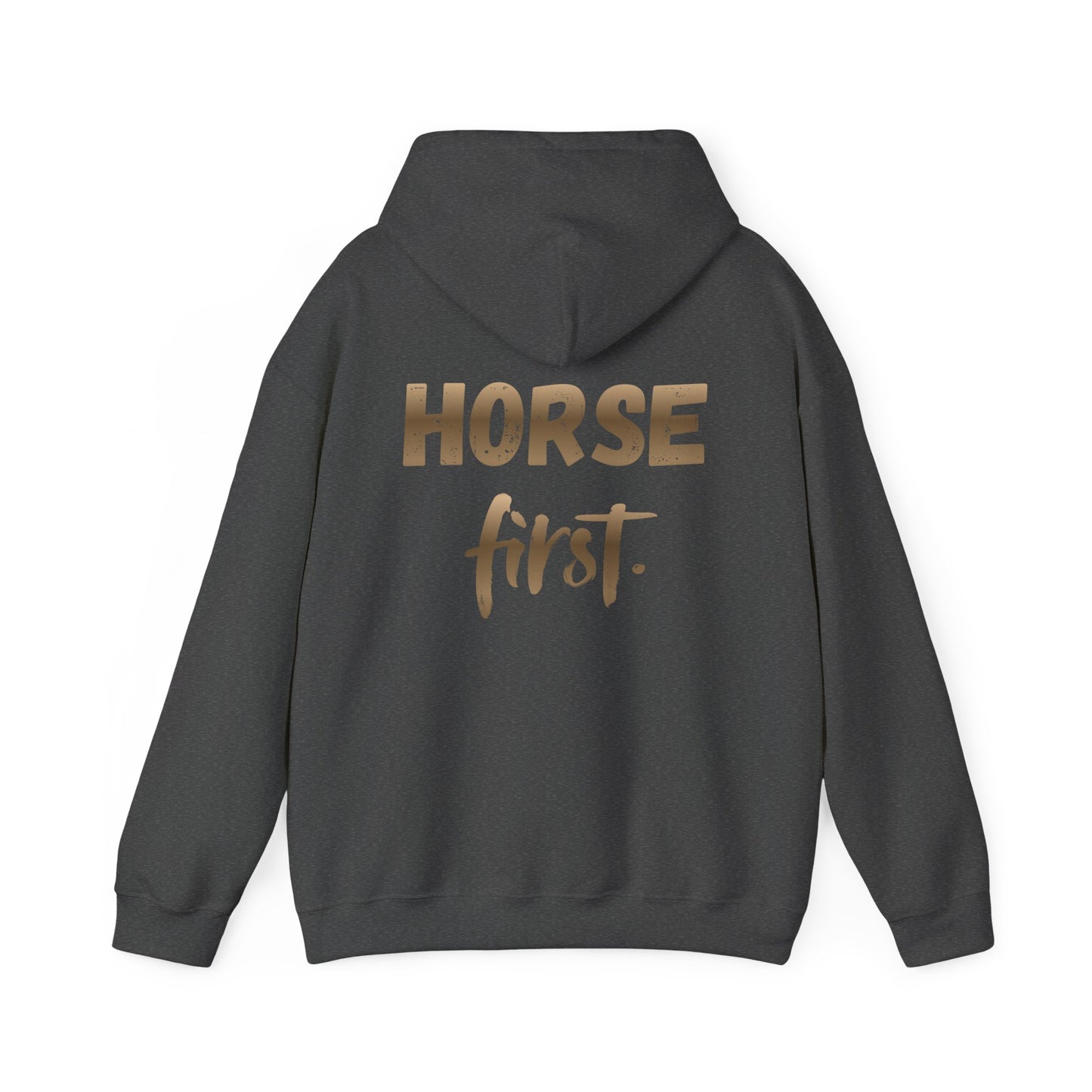 Horse First Hoodie — Equestrian White Pullover with 'Horse First.' Gold Script