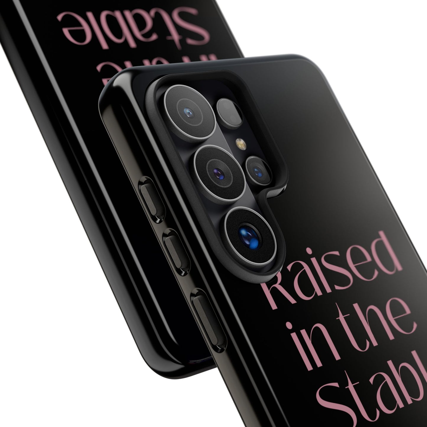 Raised in the Stable Phone Case — Black Protective Tough Case with Pink Script