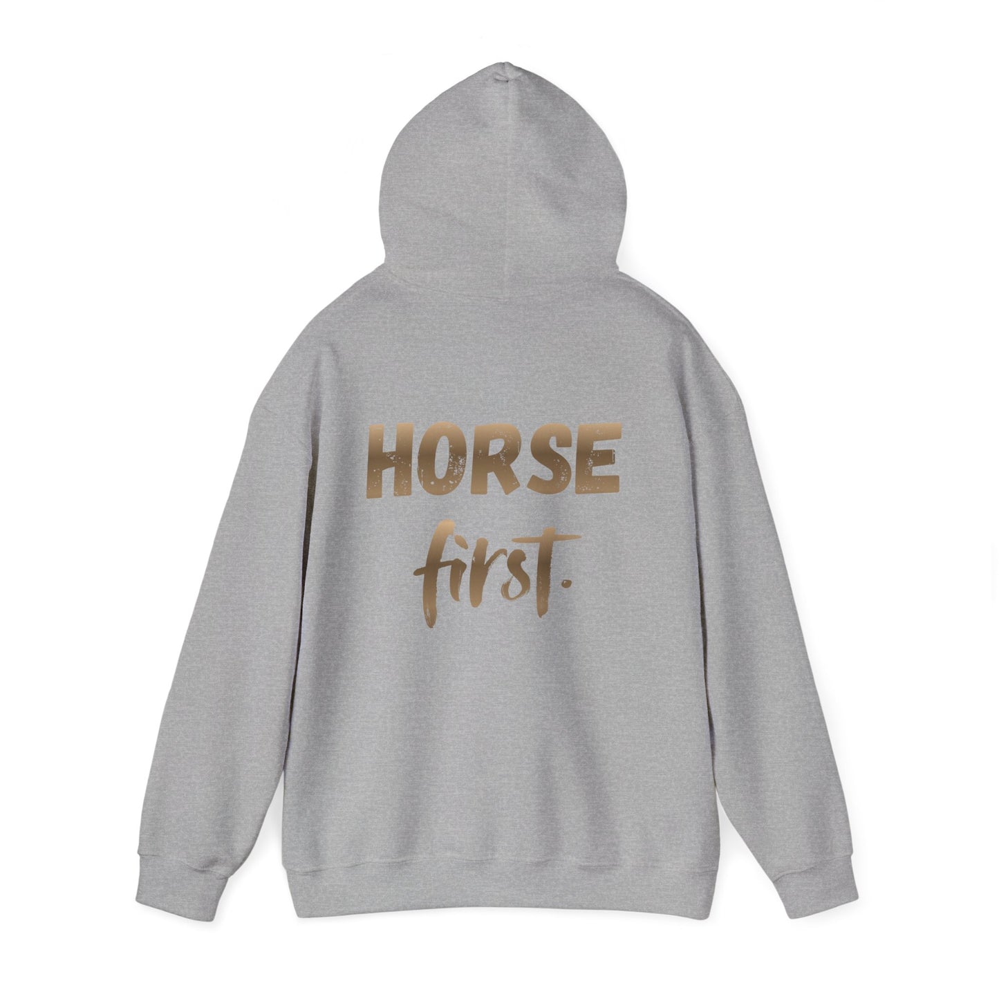 Horse First Hoodie — Equestrian White Pullover with 'Horse First.' Gold Script