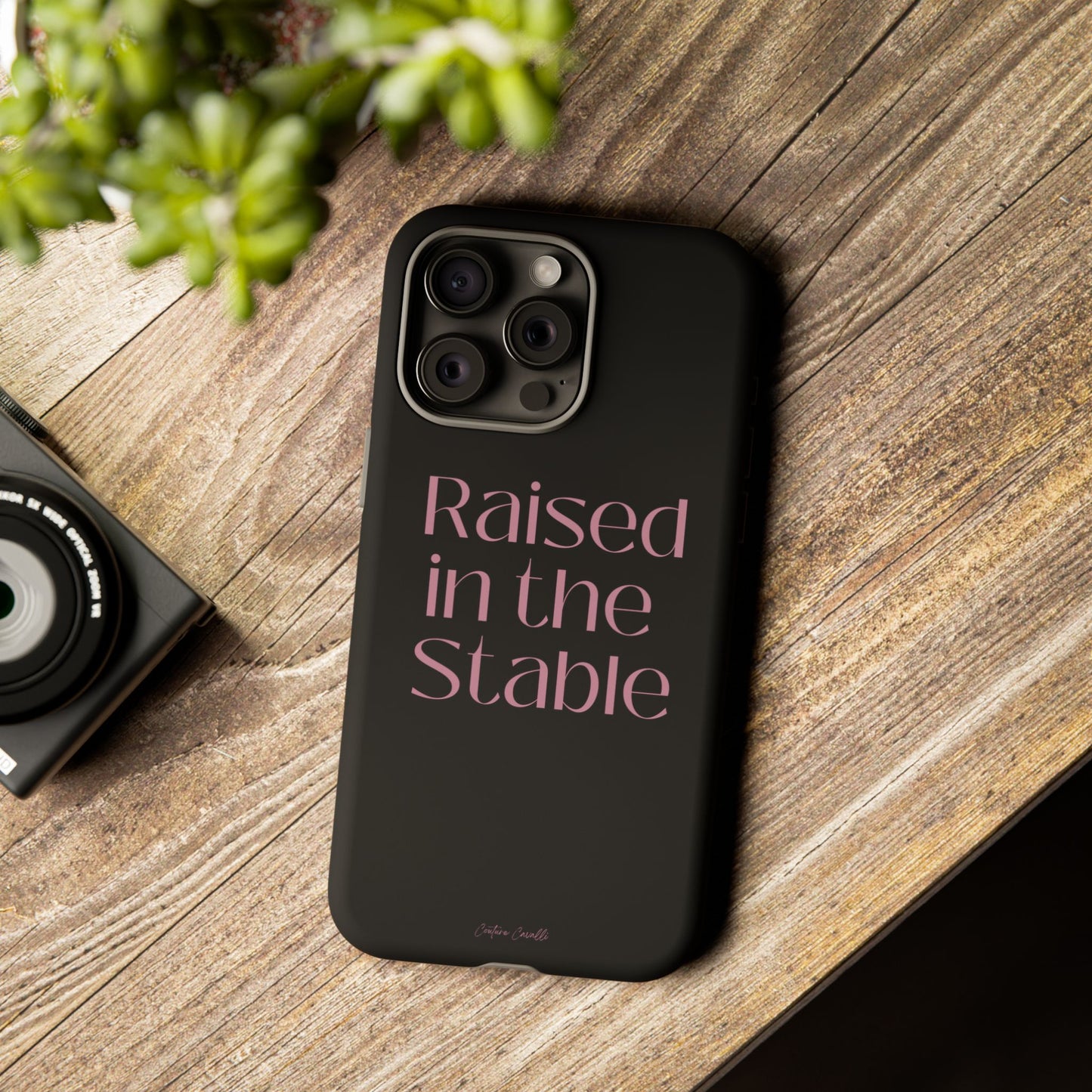 Raised in the Stable Phone Case — Black Protective Tough Case with Pink Script