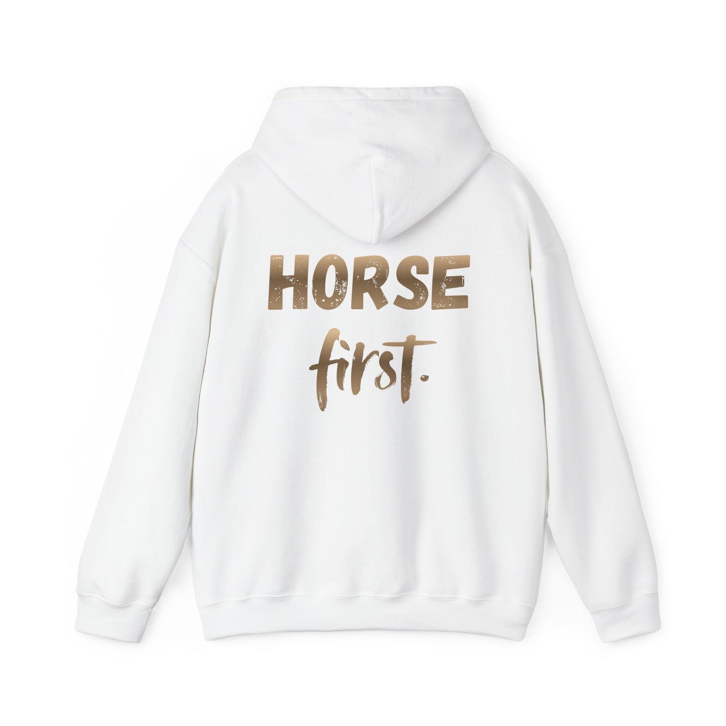 Horse First Hoodie — Equestrian White Pullover with 'Horse First.' Gold Script