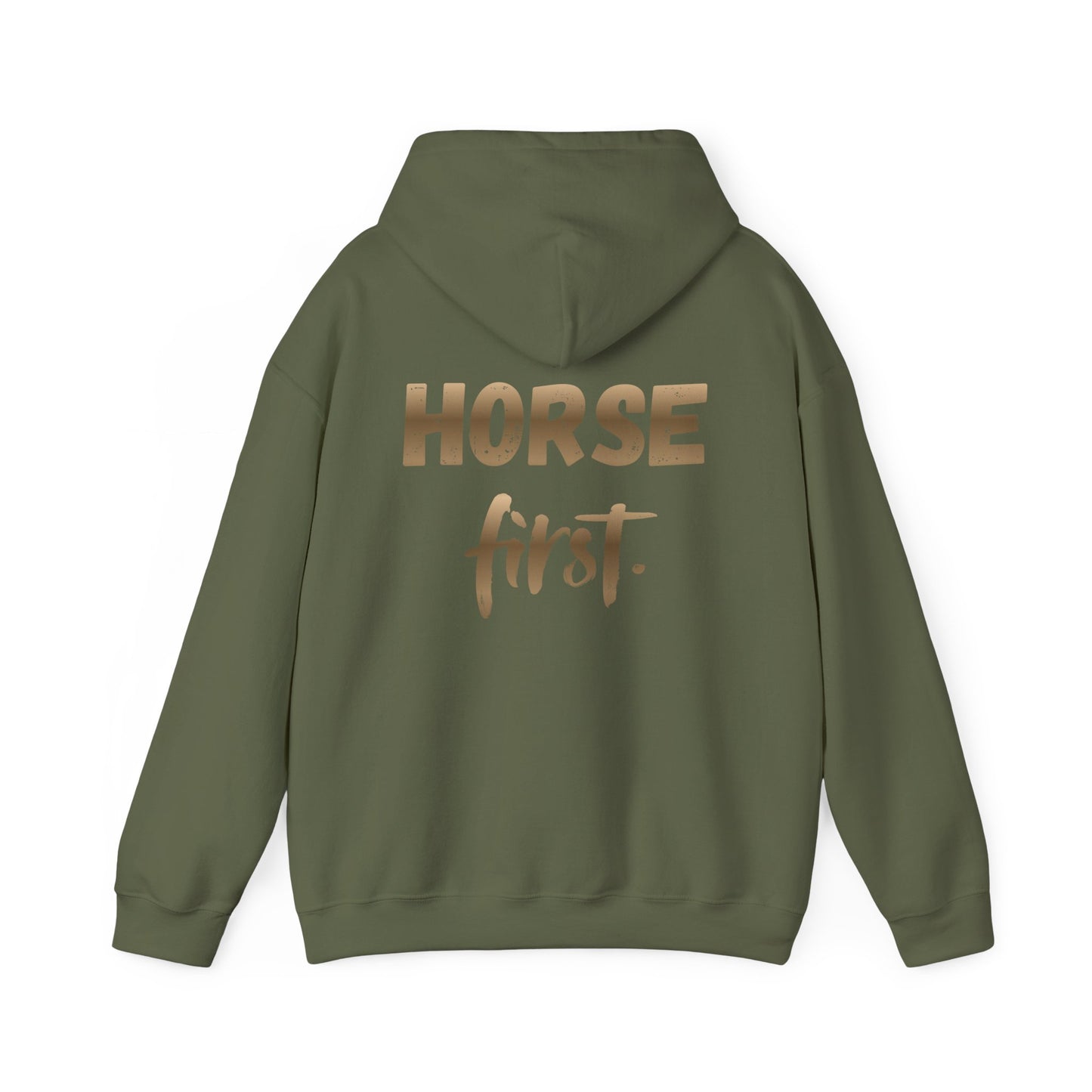 Horse First Hoodie — Equestrian White Pullover with 'Horse First.' Gold Script