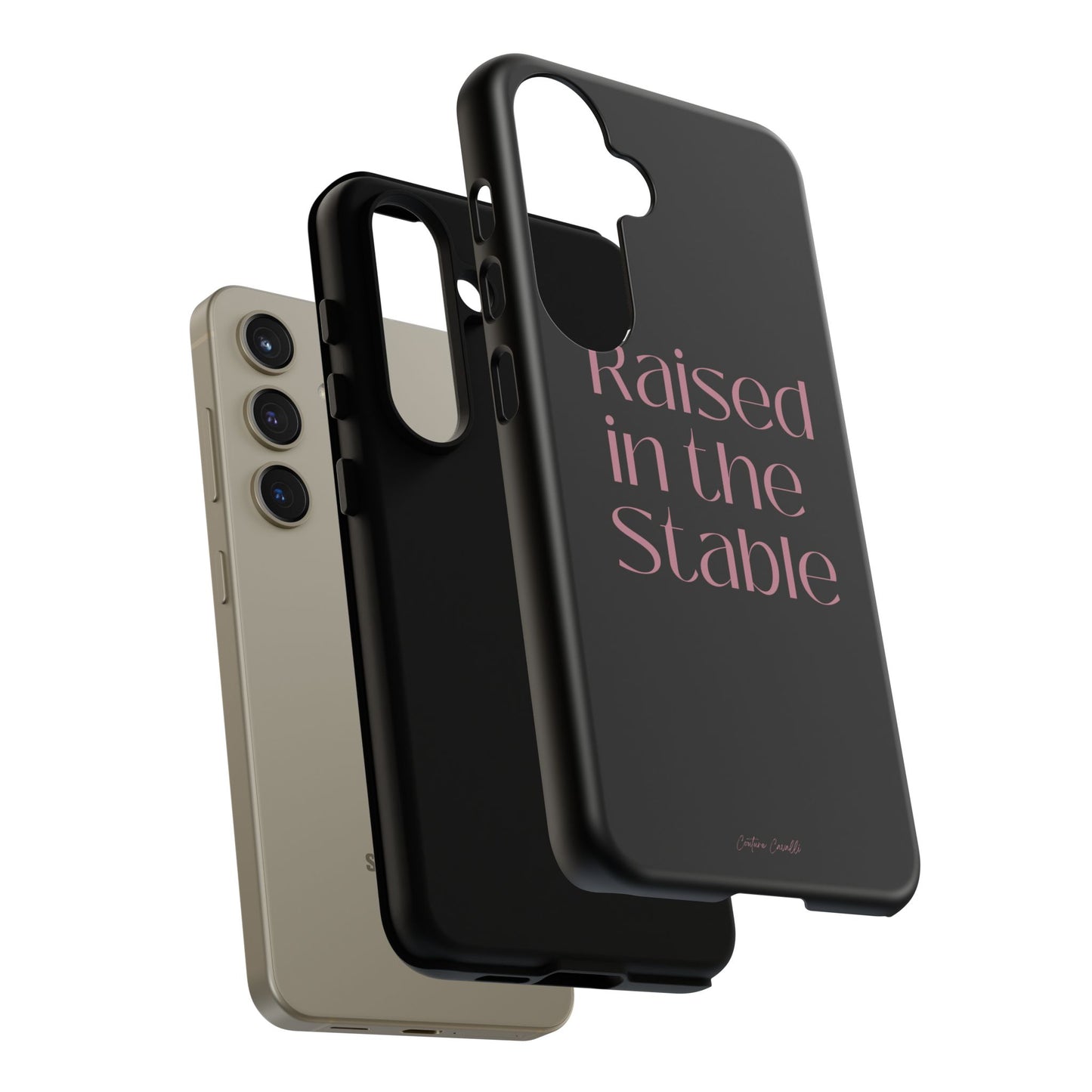 Raised in the Stable Phone Case — Black Protective Tough Case with Pink Script