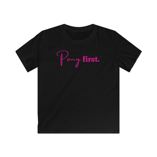 Kids Tee — "Pony First." Pink Script Horse Lover Shirt