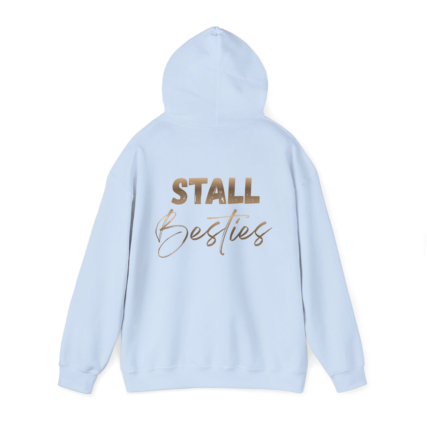 Stall Besties Hoodie — Cozy Friendship Pullover with Gold Script Back Design