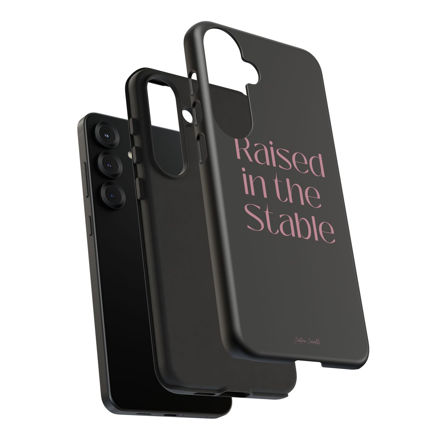 Raised in the Stable Phone Case — Black Protective Tough Case with Pink Script