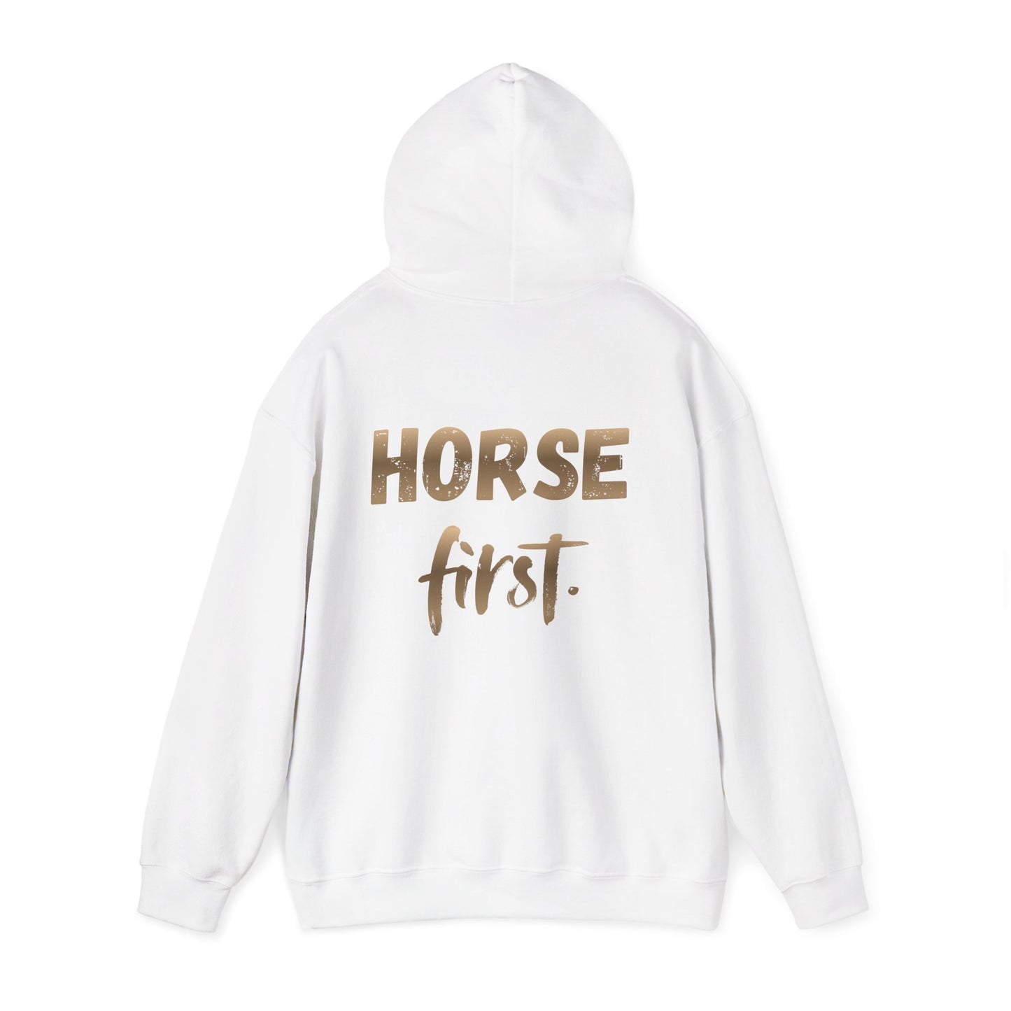 Horse First Hoodie — Equestrian White Pullover with 'Horse First.' Gold Script
