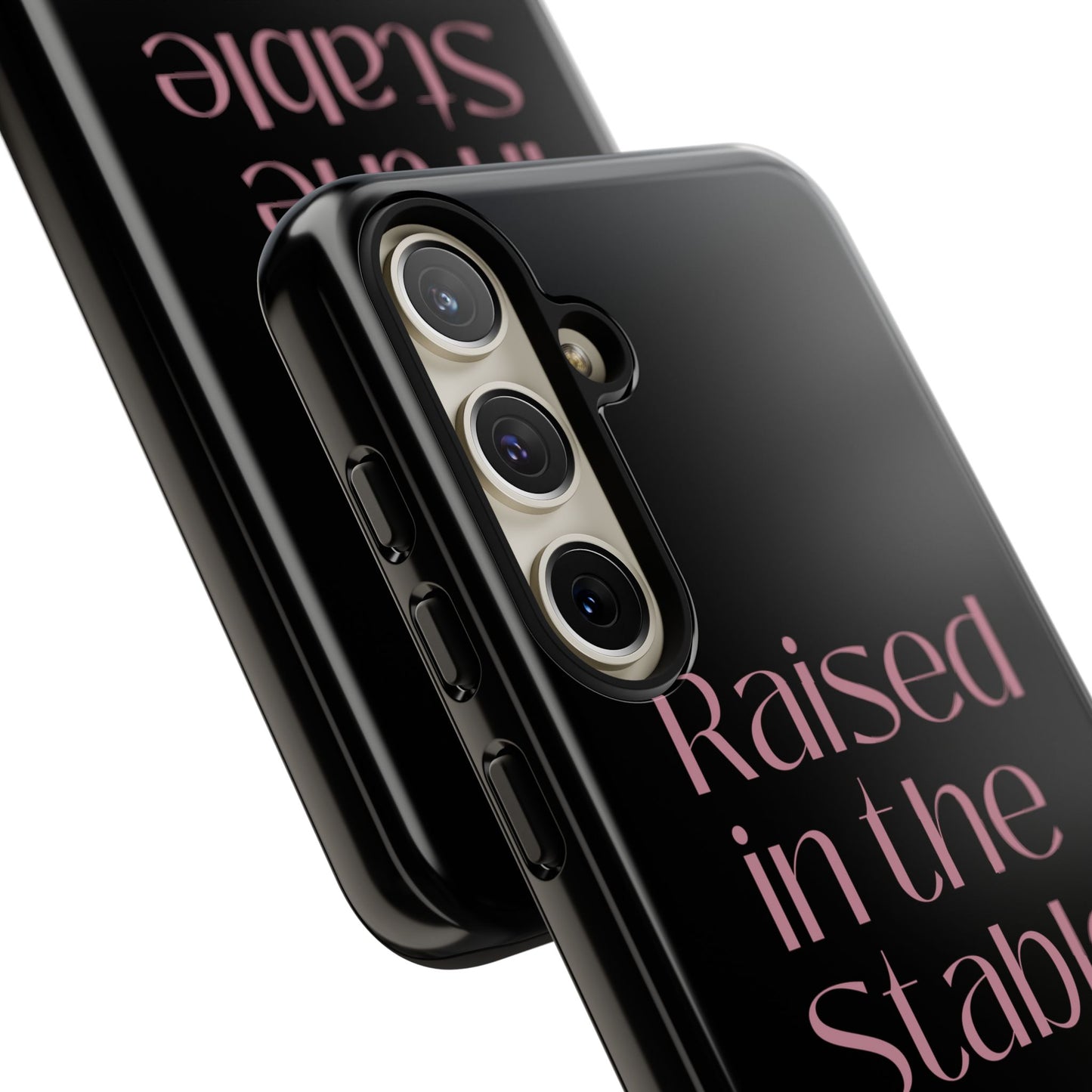 Raised in the Stable Phone Case — Black Protective Tough Case with Pink Script
