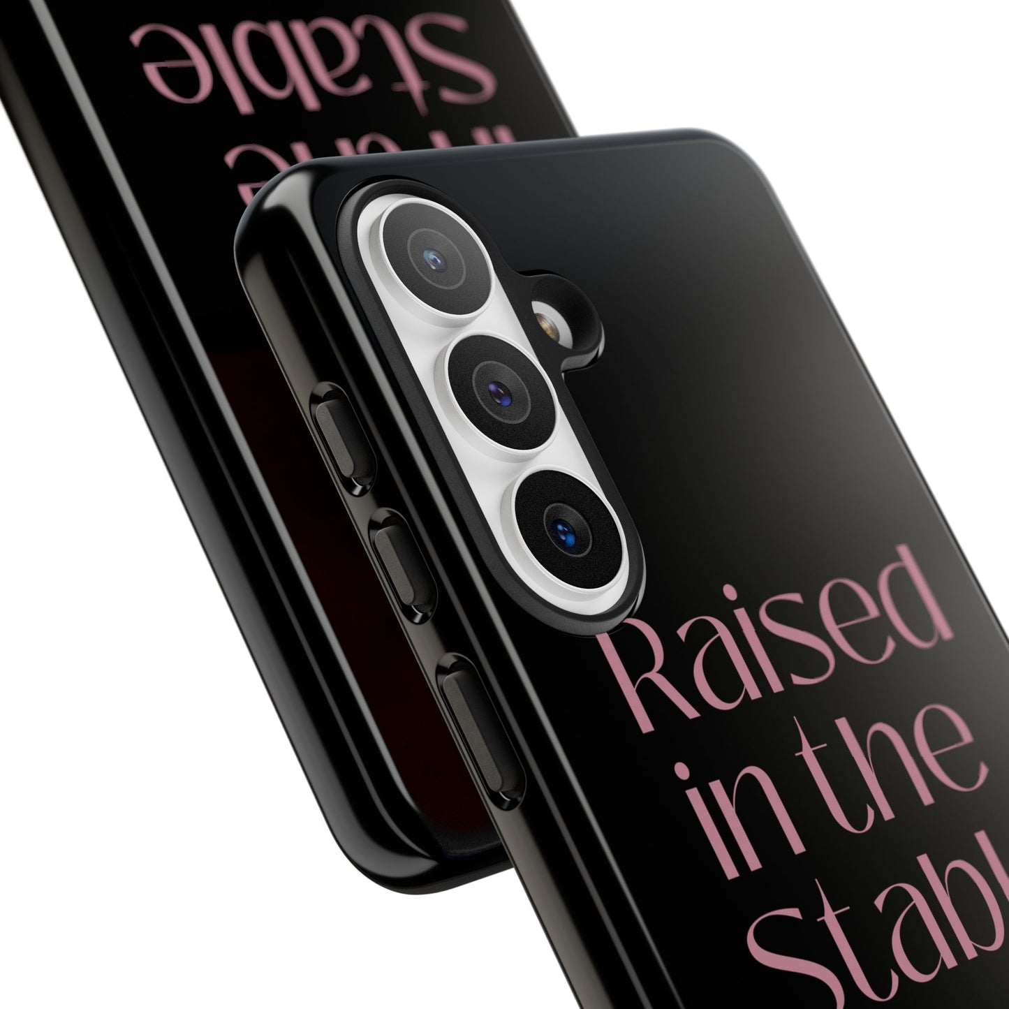 Raised in the Stable Phone Case — Black Protective Tough Case with Pink Script