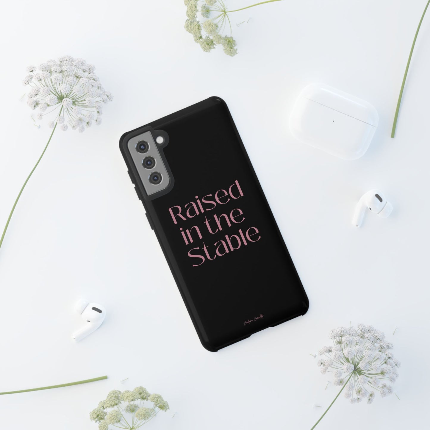 Raised in the Stable Phone Case — Black Protective Tough Case with Pink Script