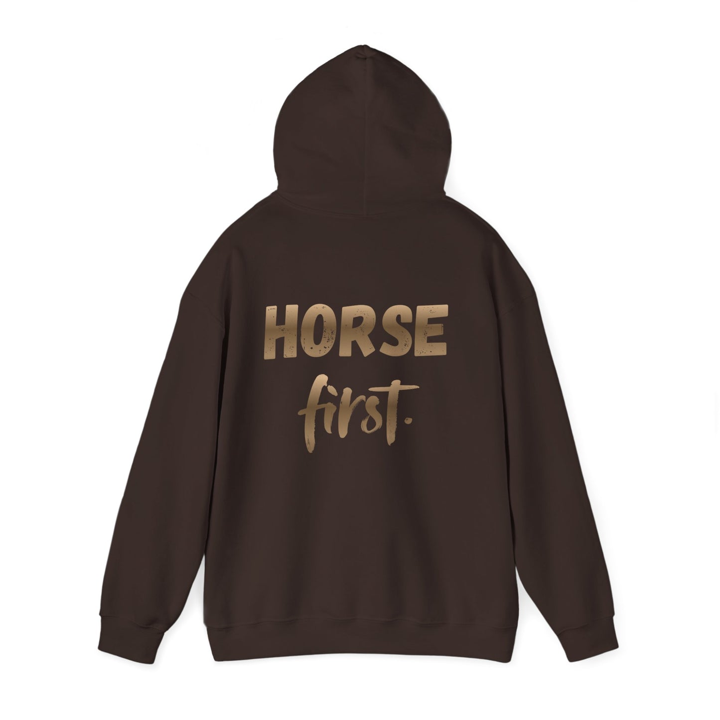 Horse First Hoodie — Equestrian White Pullover with 'Horse First.' Gold Script