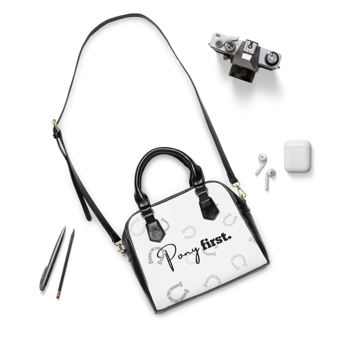 Pony First Shoulder Handbag — Equestrian Horseshoe Print Shoulder Bag